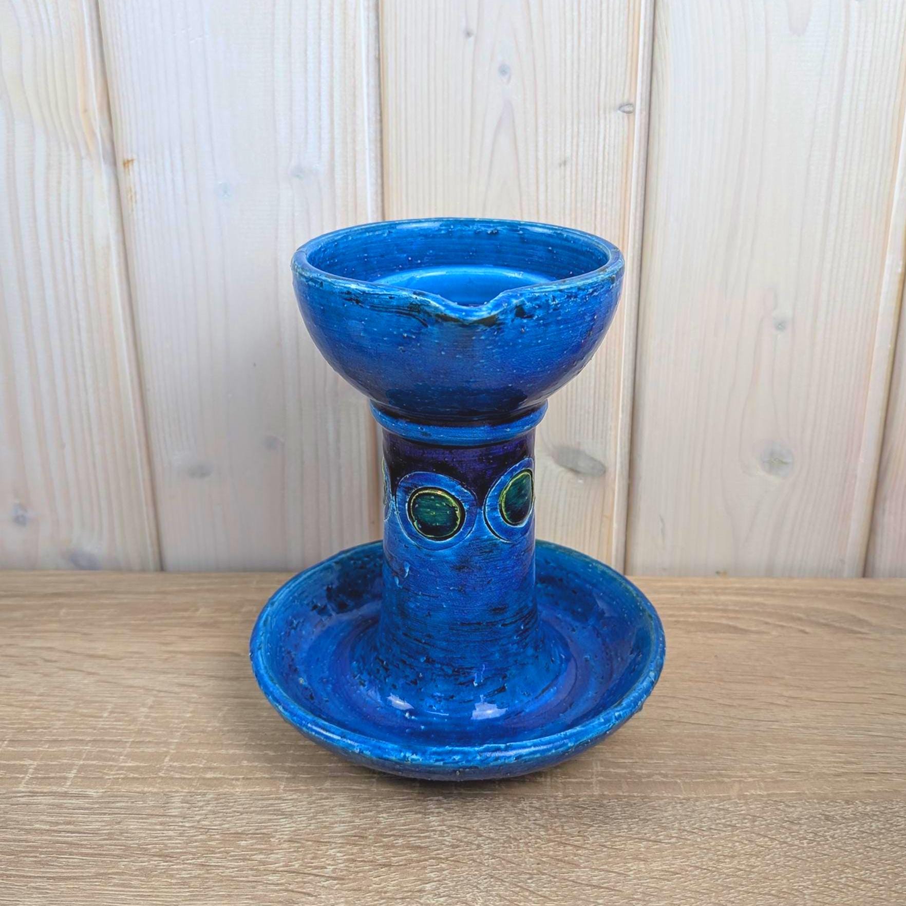 Bitossi Ikano Blue Chamberstick Candle Holder, Aldo Londi, Made in Italy, 1960s