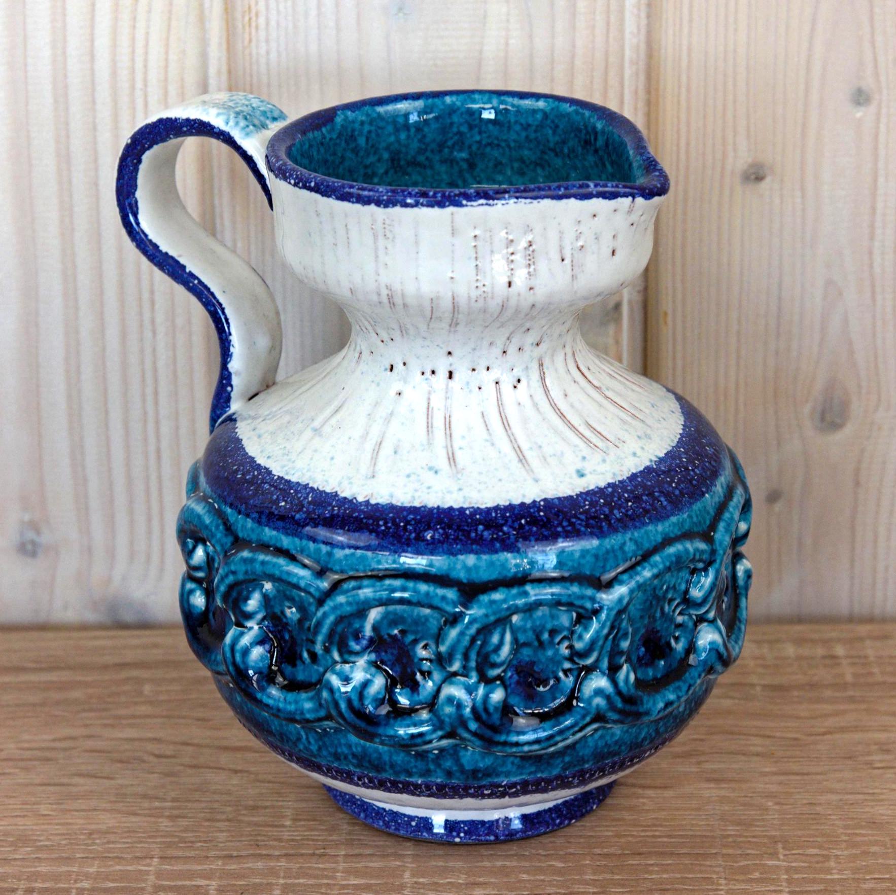 Nuovo Rinascimento Italian Ceramic Jug Vintage Blue Relief Pitcher Mid Century Decor