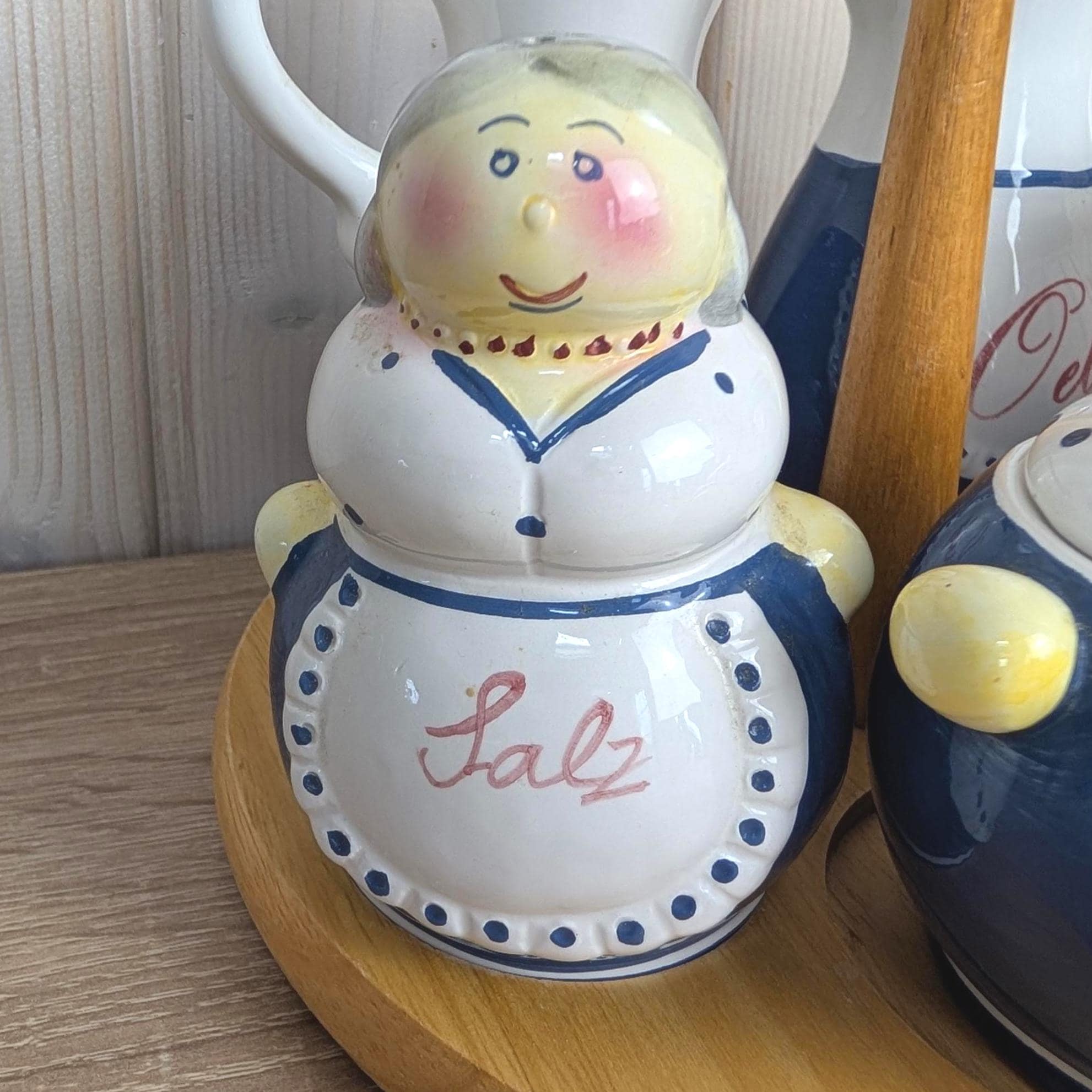 Vintage German Figural Condiment Set, Ceramic Folk Art, Salt Pepper Mustard Oil Vinegar, Wood Stand, 1980s Kitchen Decor