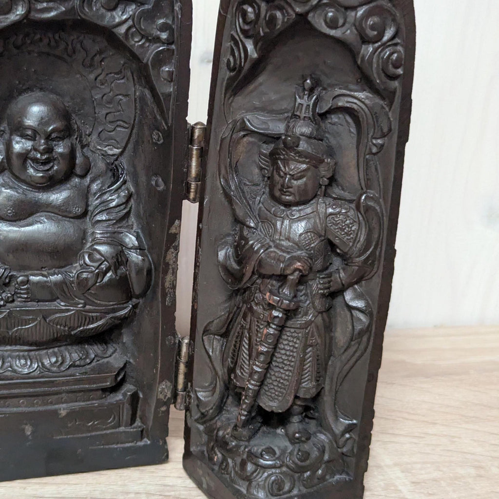Handcarved Folding Travel Shrine: Chinese Buddha Altar, 20th Century Devotional Art