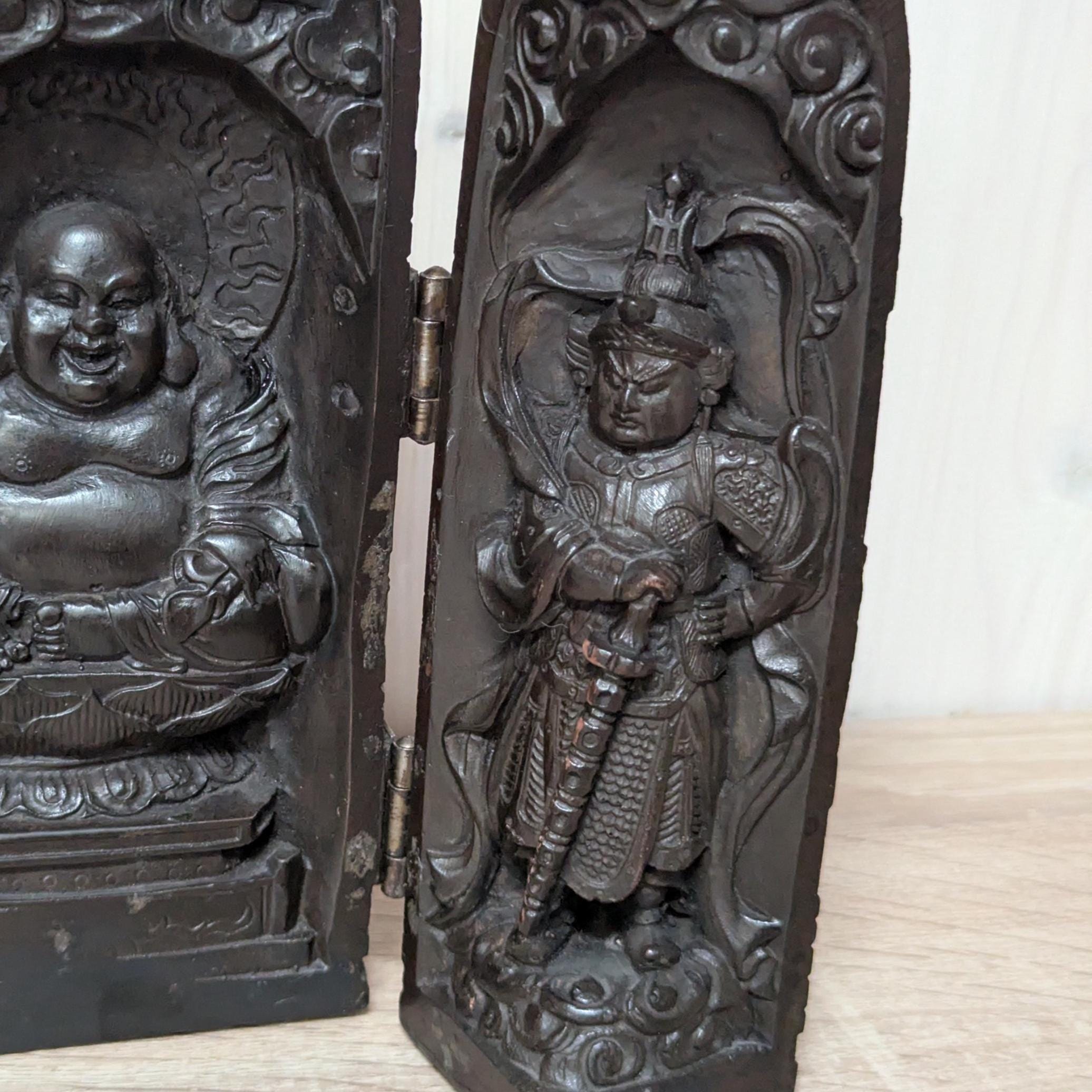 Handcarved Folding Travel Shrine: Chinese Buddha Altar, 20th Century Devotional Art