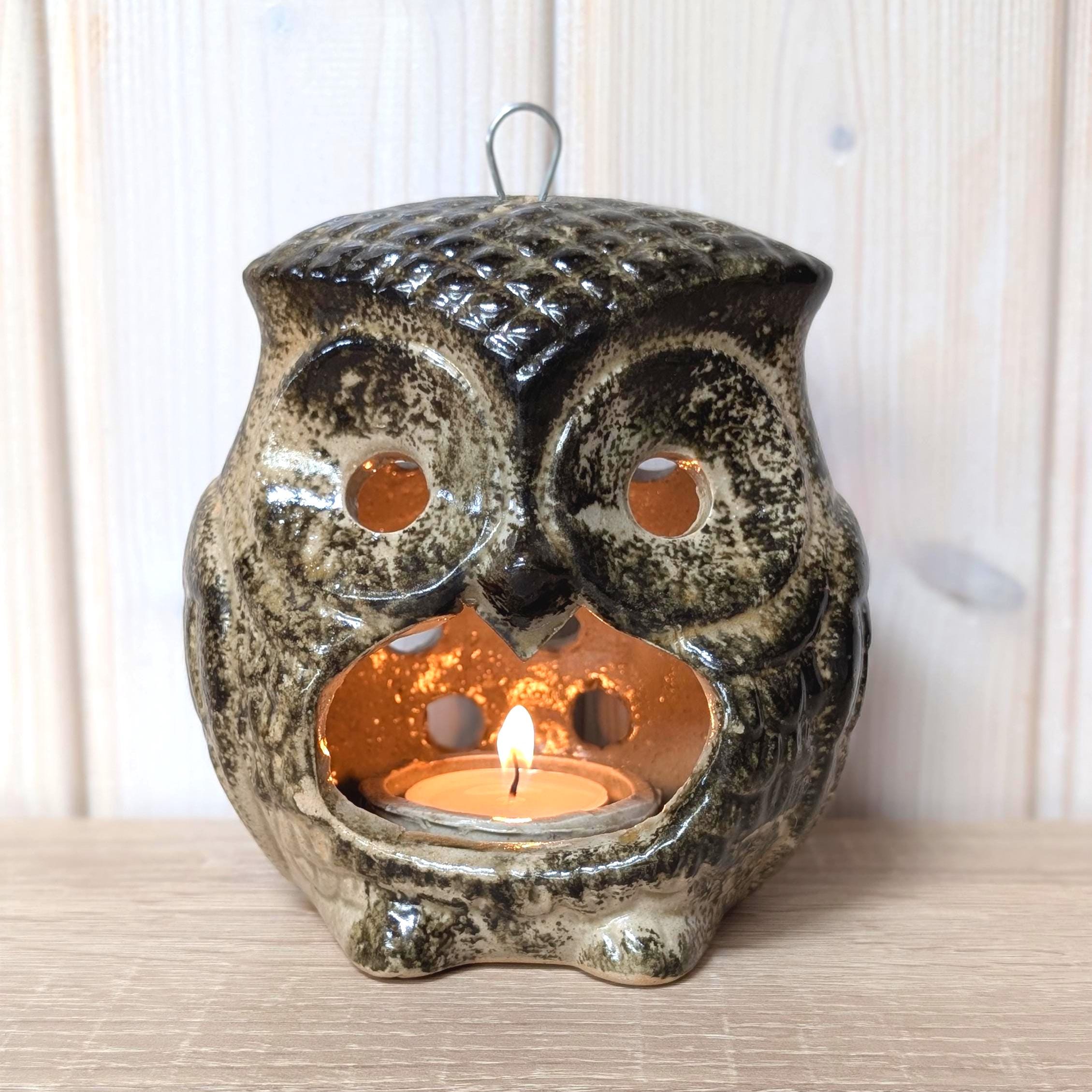 Vintage Ceramic Owl Tealight Lantern, Handmade Studio Pottery, Hanging Candle Holder, 1970s