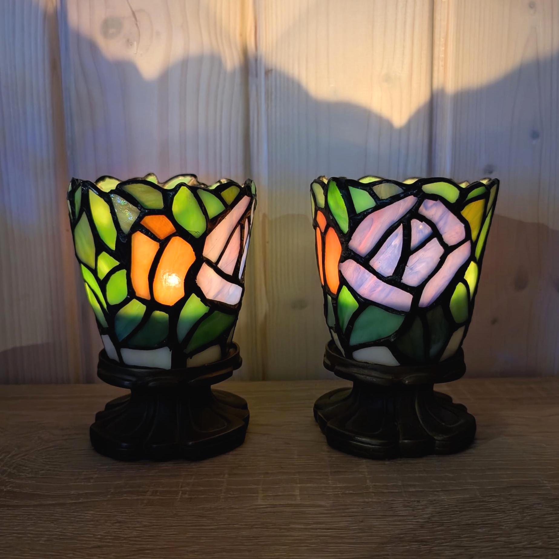 Partylite Mosaic Rose Candle Holders Set of 2, Romantic Stained Glass, Cozy Floral Home Decor, Gift for Her