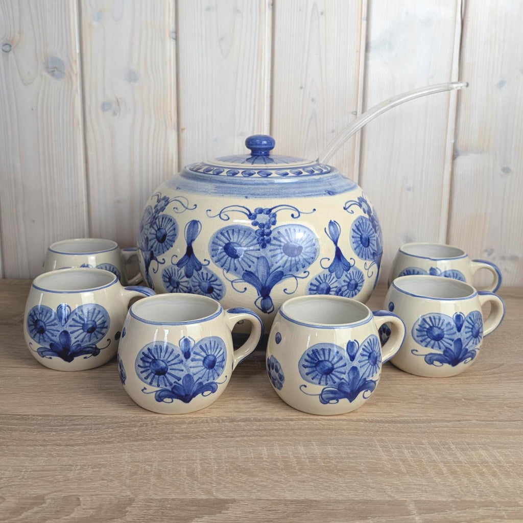 Allgäuer Keramik Altständten Punch Bowl Set, Blue White Folk Art, 6 Cups, Ladle, Handarbeit, 1970s German Studio Pottery