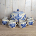 Allgäuer Keramik Altständten Punch Bowl Set, Blue White Folk Art, 6 Cups, Ladle, Handarbeit, 1970s German Studio Pottery
