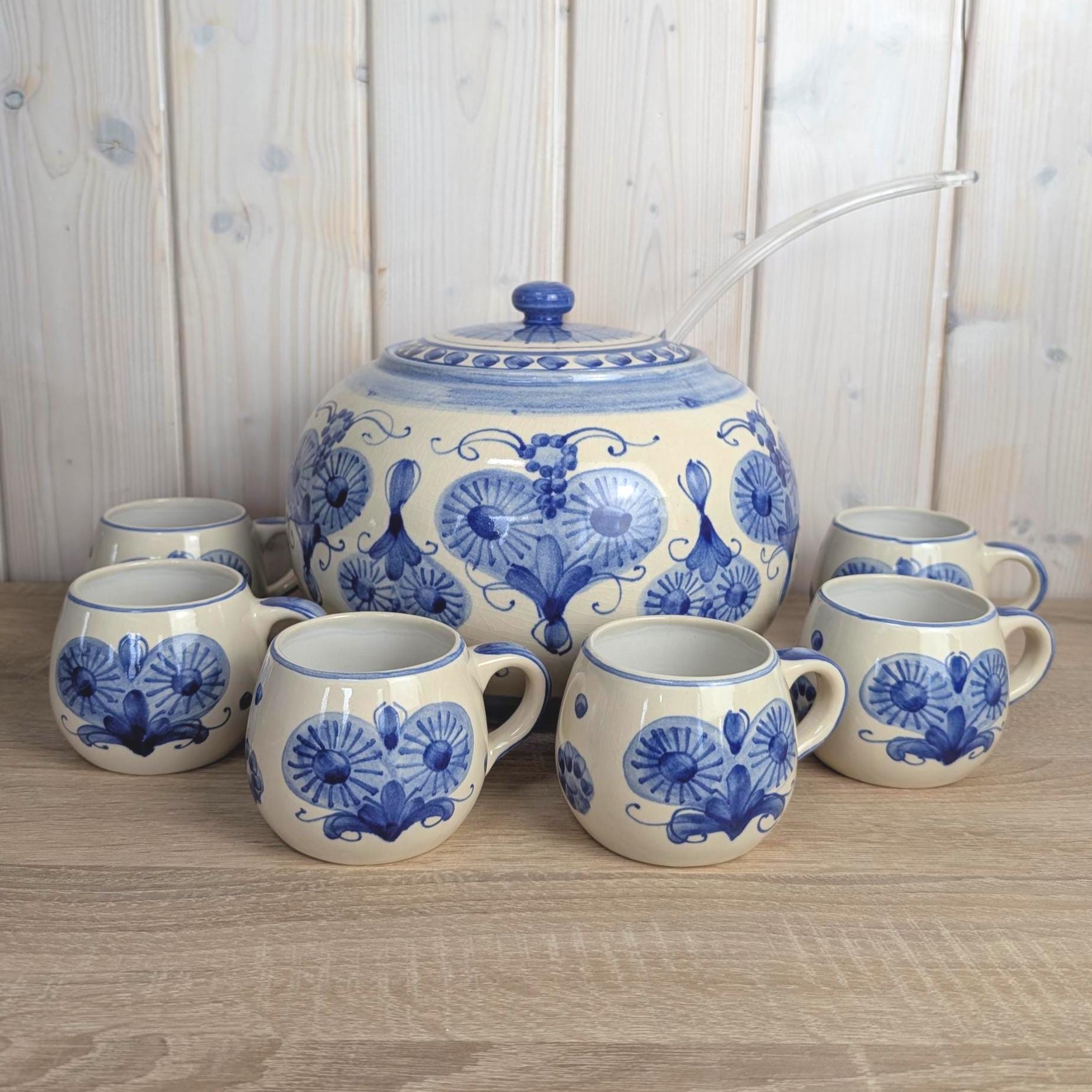 Allgäuer Keramik Altständten Punch Bowl Set, Blue White Folk Art, 6 Cups, Ladle, Handarbeit, 1970s German Studio Pottery