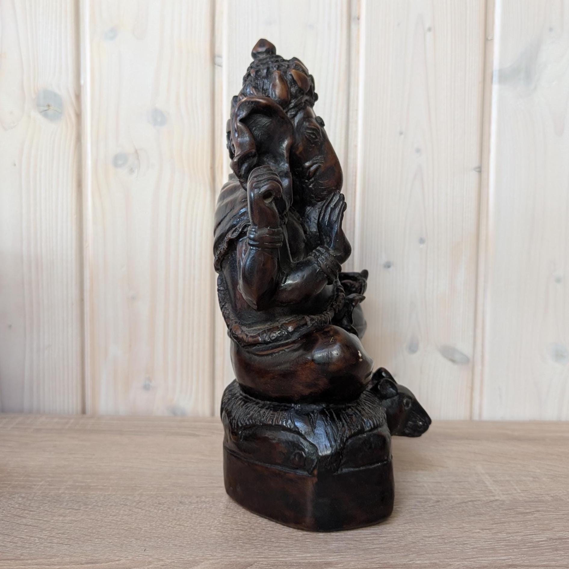 Vintage Ganesha Statue, Cold Cast Resin Wood Look Sculpture, South Asian Style Elephant God Figurine, 1980s Spiritual Decor