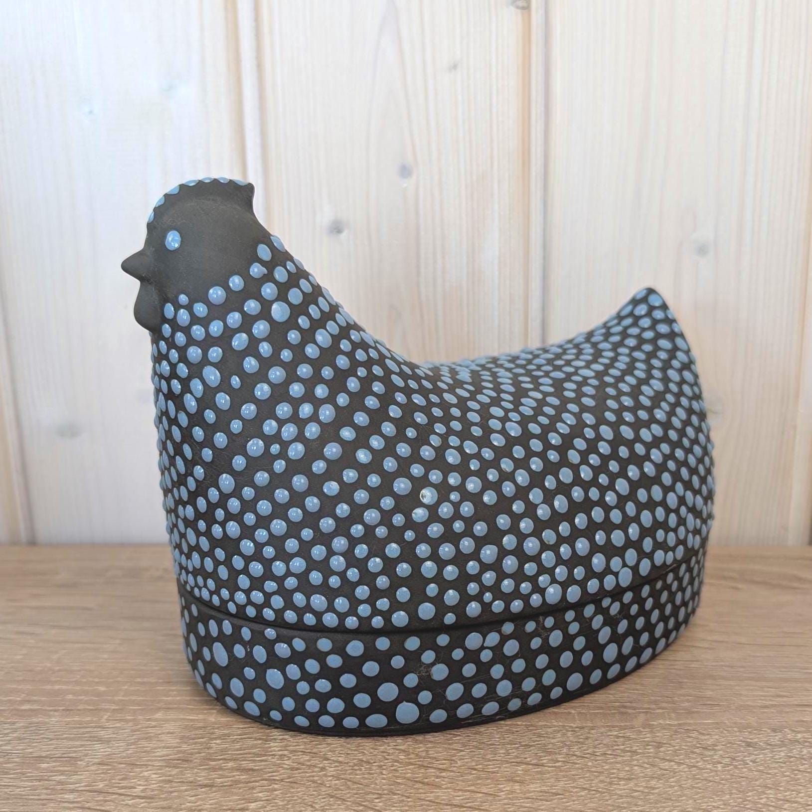 Kaarina Aho Munakana Arabia Finland, Rare Ceramic Hen Box, Dark Black Blue Dots, Blue Interior Glaze, Mid-Century Finnish Design, 1950s