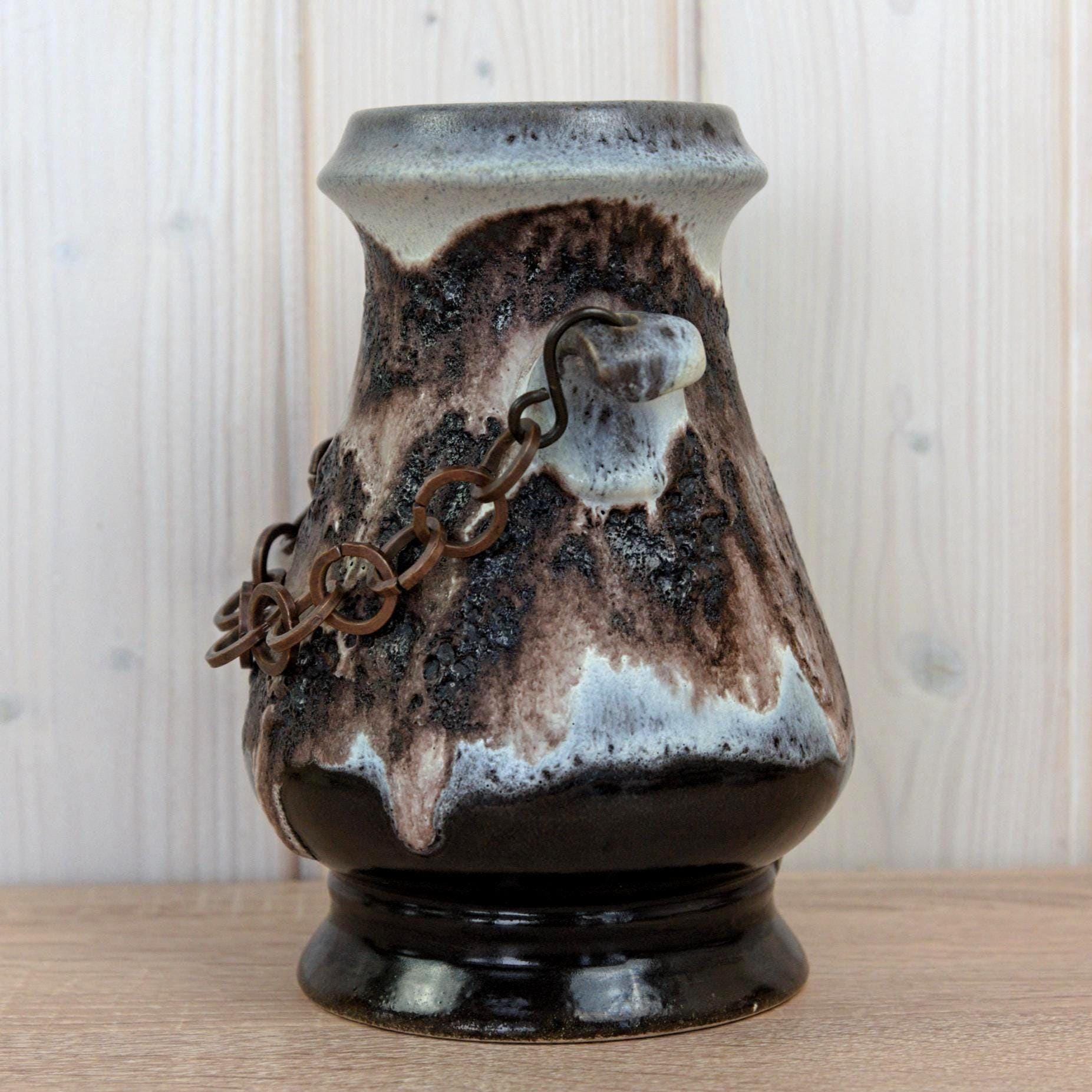 Dumler Breiden 1180-20 Vase West Germany, Mid Century Ceramic with Chain Handles, Fat Lava Pottery