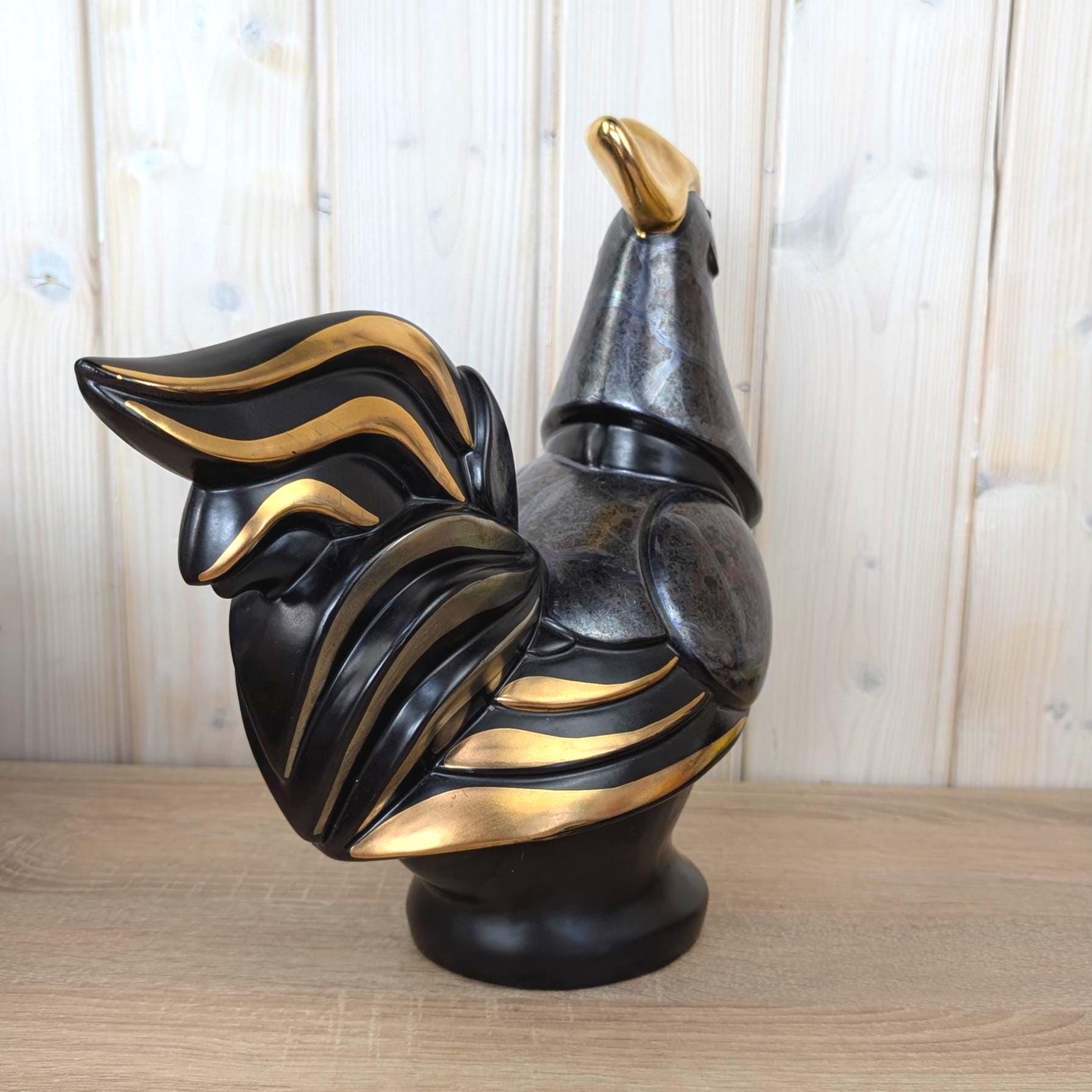 Gilde Handwerk Rooster Figurine Black Gold, Large Ceramic Cockerel Statue, Art Deco Home Decor, German Decorative Figure, 1980s