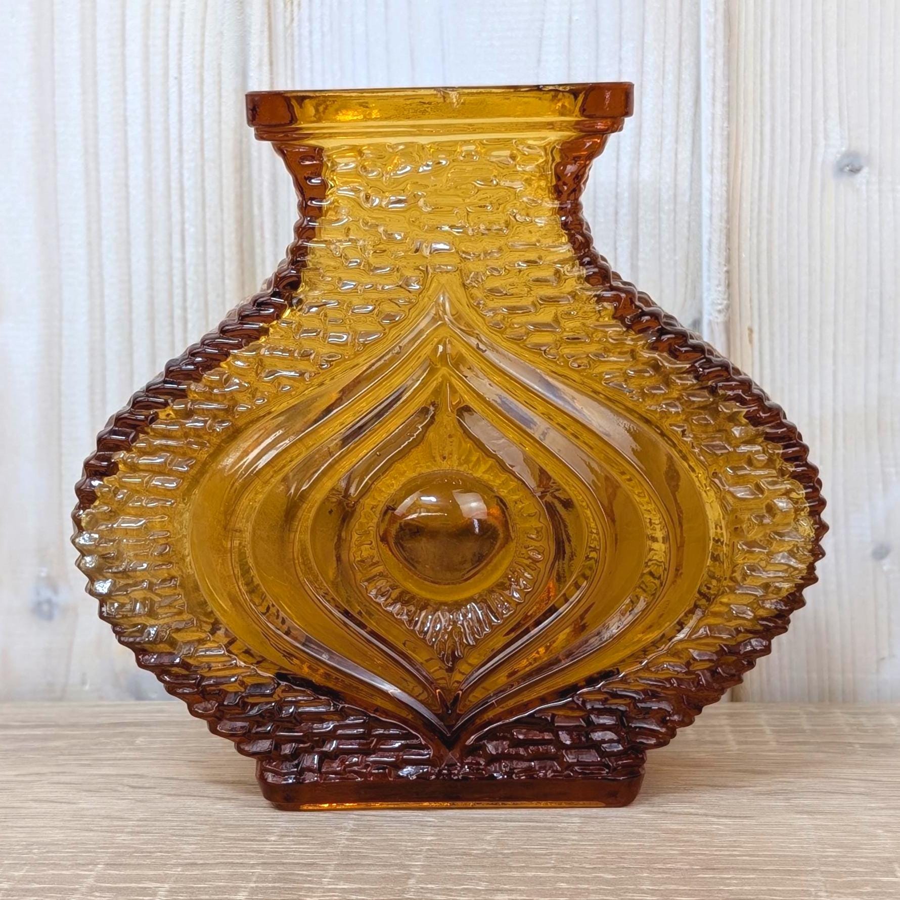 Oberglas Eye Amber Glass Vase Pressed Glass Austria, 1970s