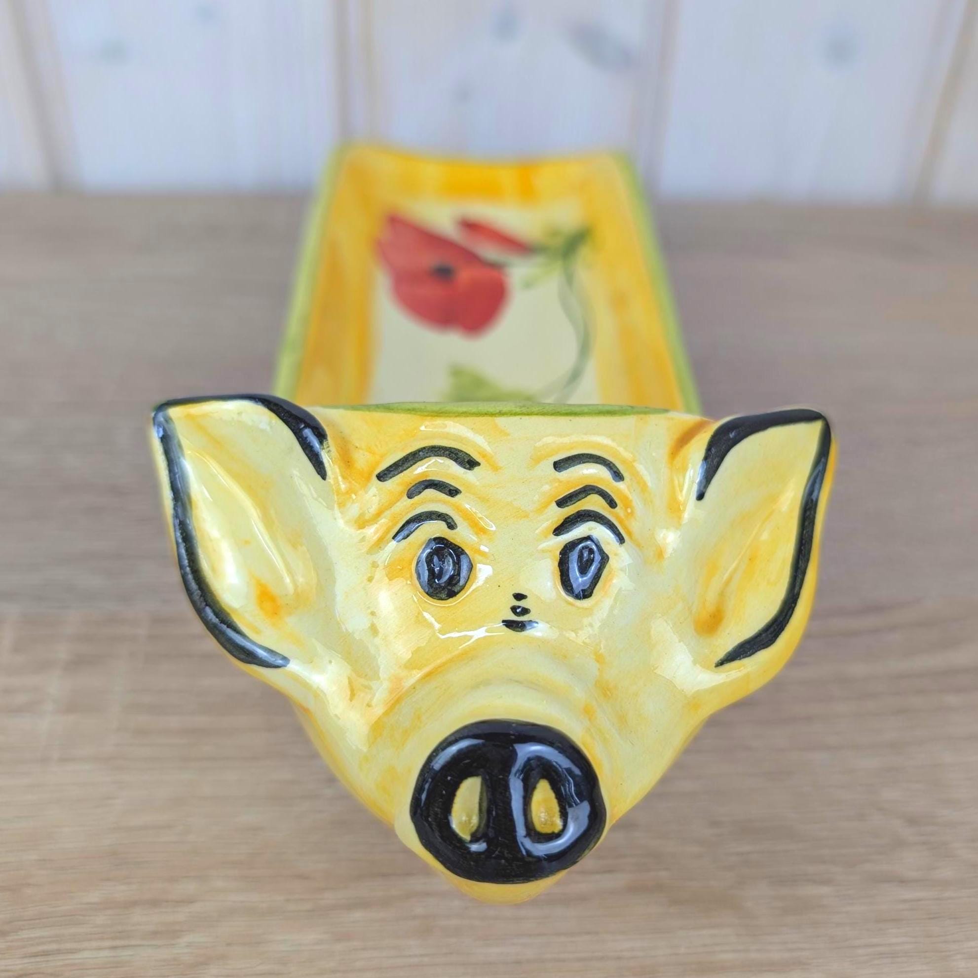French Ceramic Pig Dish, Fait Main Handmade, Yellow Glaze Red Poppy, TDF Pottery, Quirky Folk Ceramic Tray, 1970s 1980s