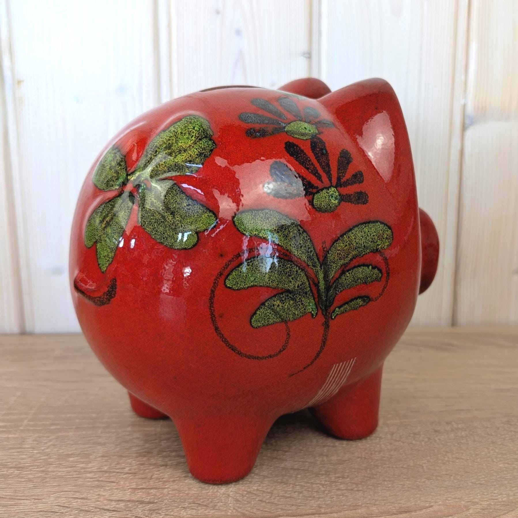 Scheurich Piggy Bank Red Floral Ceramic, West Germany 1960s, Model 792, with Key