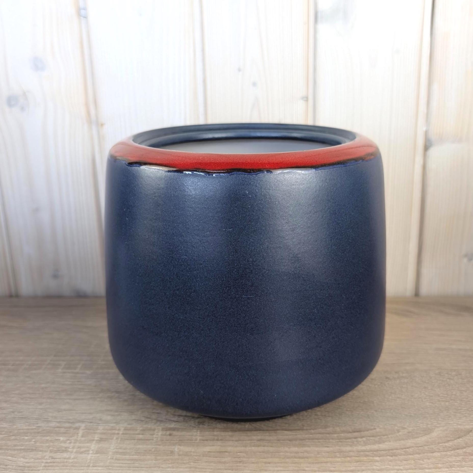 Van Daalen Pottery Ceramic Planter Vase, Navy Blue Matte Glaze, Red Rim, Model B II, 1970s West German Studio Pottery