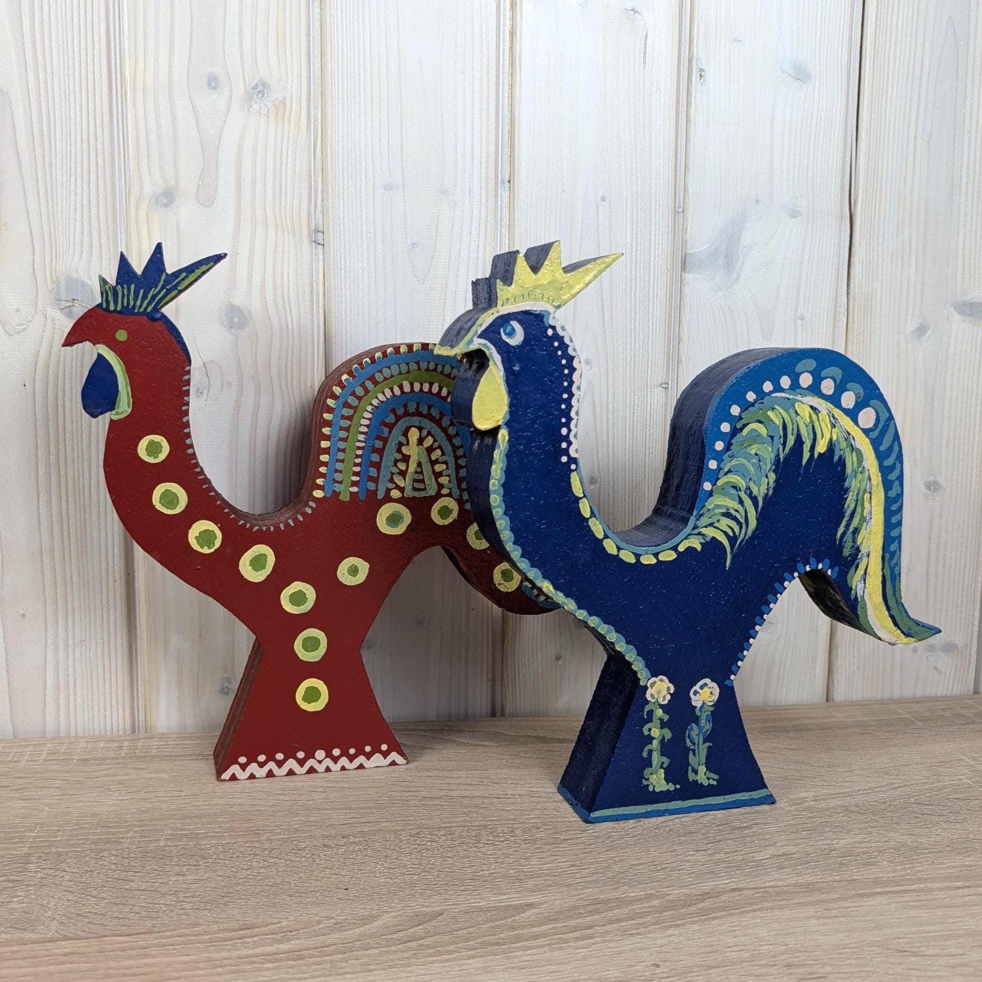 Large Hand Painted Wooden Rooster Sculptures, Folk Art Decor, Scandinavian Style, Late 20th Century