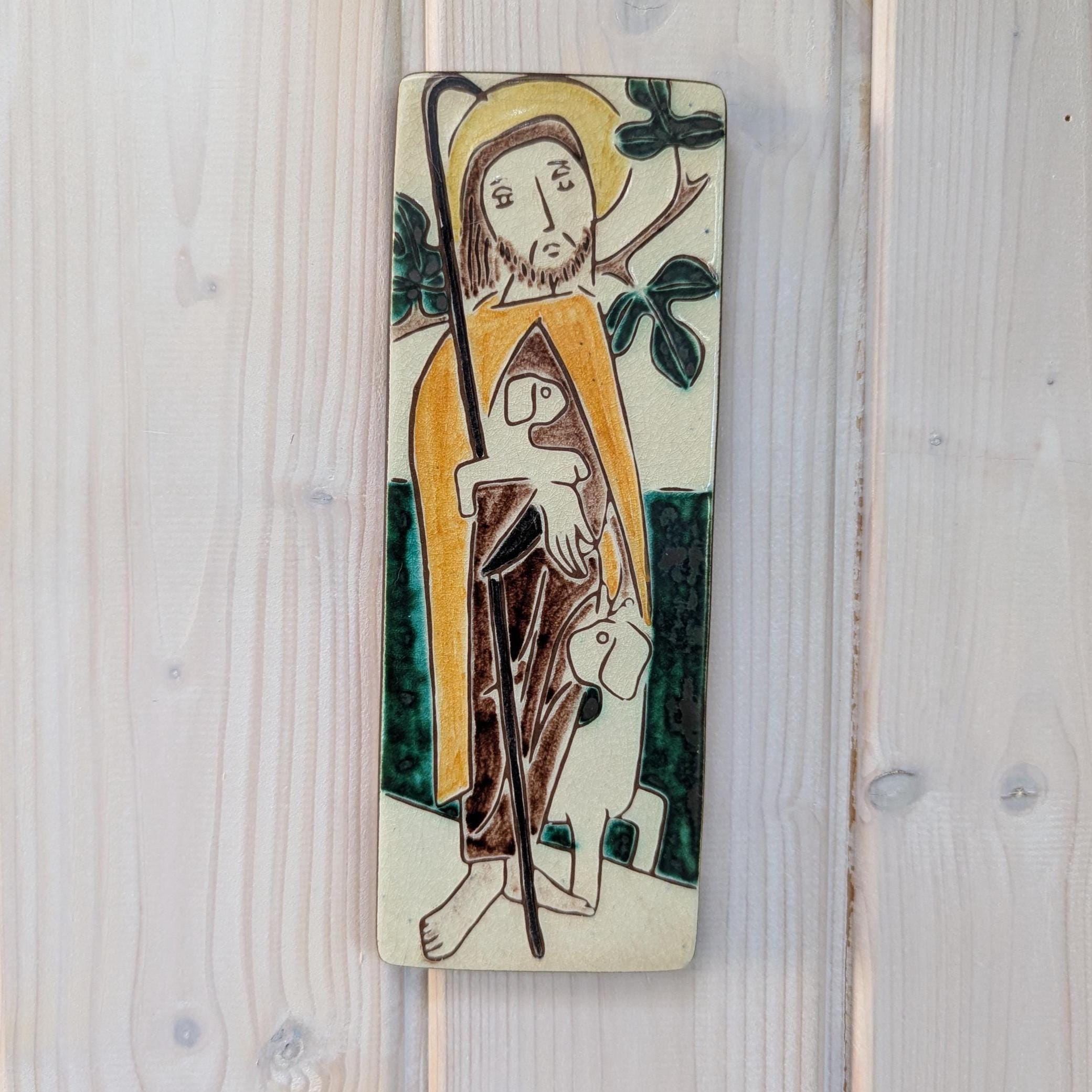 Ceramic Plaque - Good Shepherd with sheep - Mid Century - Religious Wall Art - Hand painted