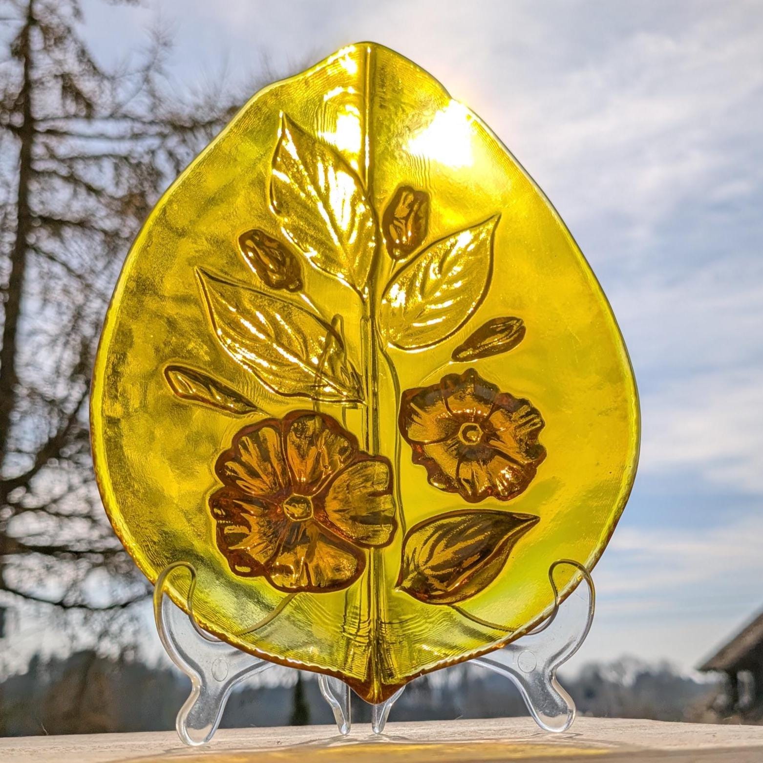 Vintage Amber Glass Leaf Dish, Floral Relief, European Pressed Glass, Mid-Century