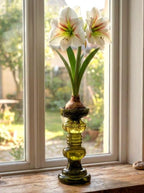 Vintage olive green glass vase candleholder, handblown art glass, Ingrid Glas, Germany, 1970s