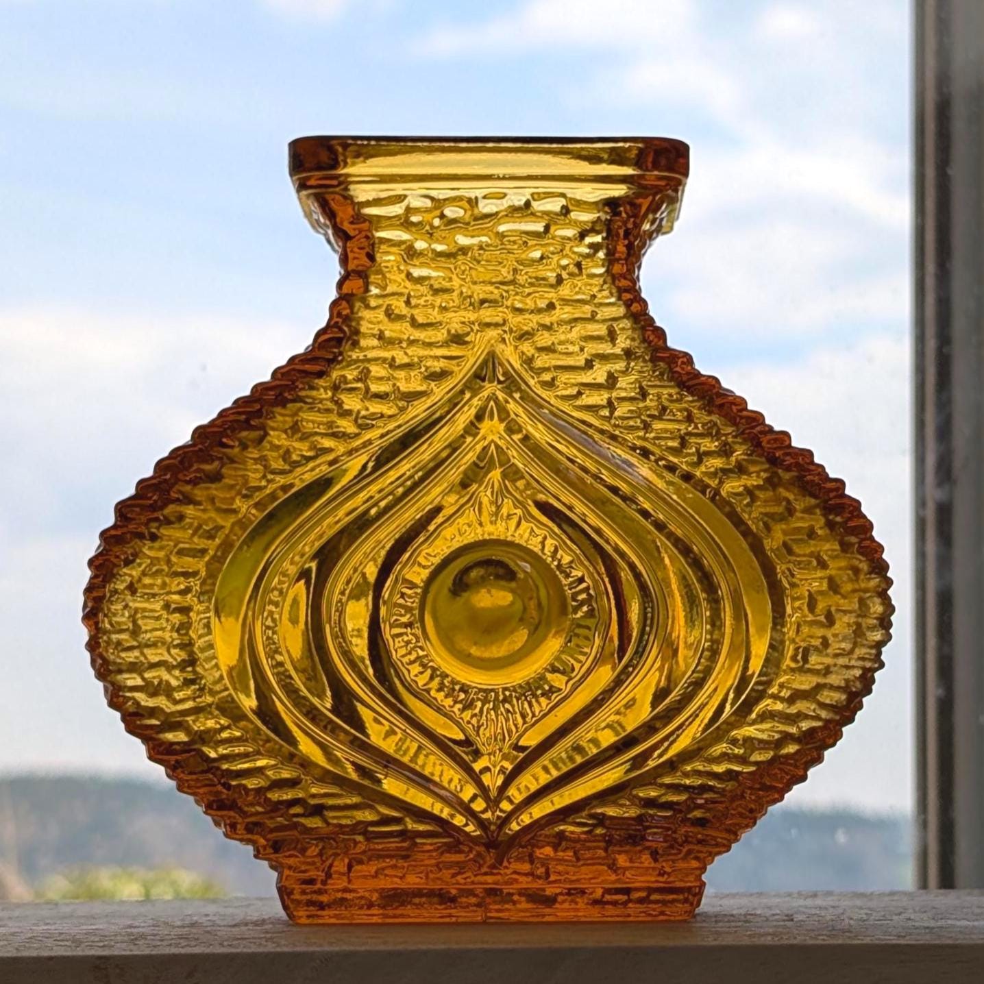 Oberglas Eye Amber Glass Vase Pressed Glass Austria, 1970s