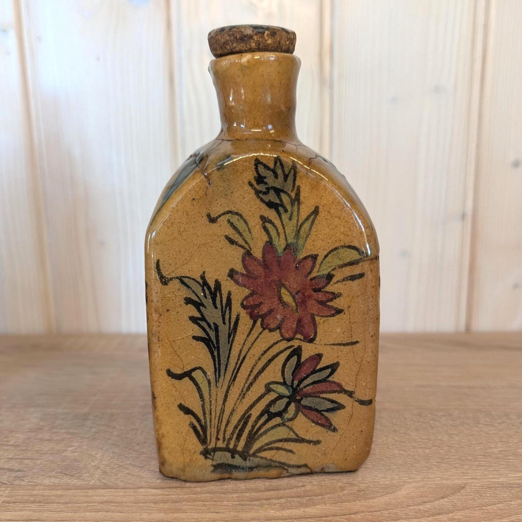 Antique charm, ceramic handpainted floral bird bottle, European origin, early 1900s