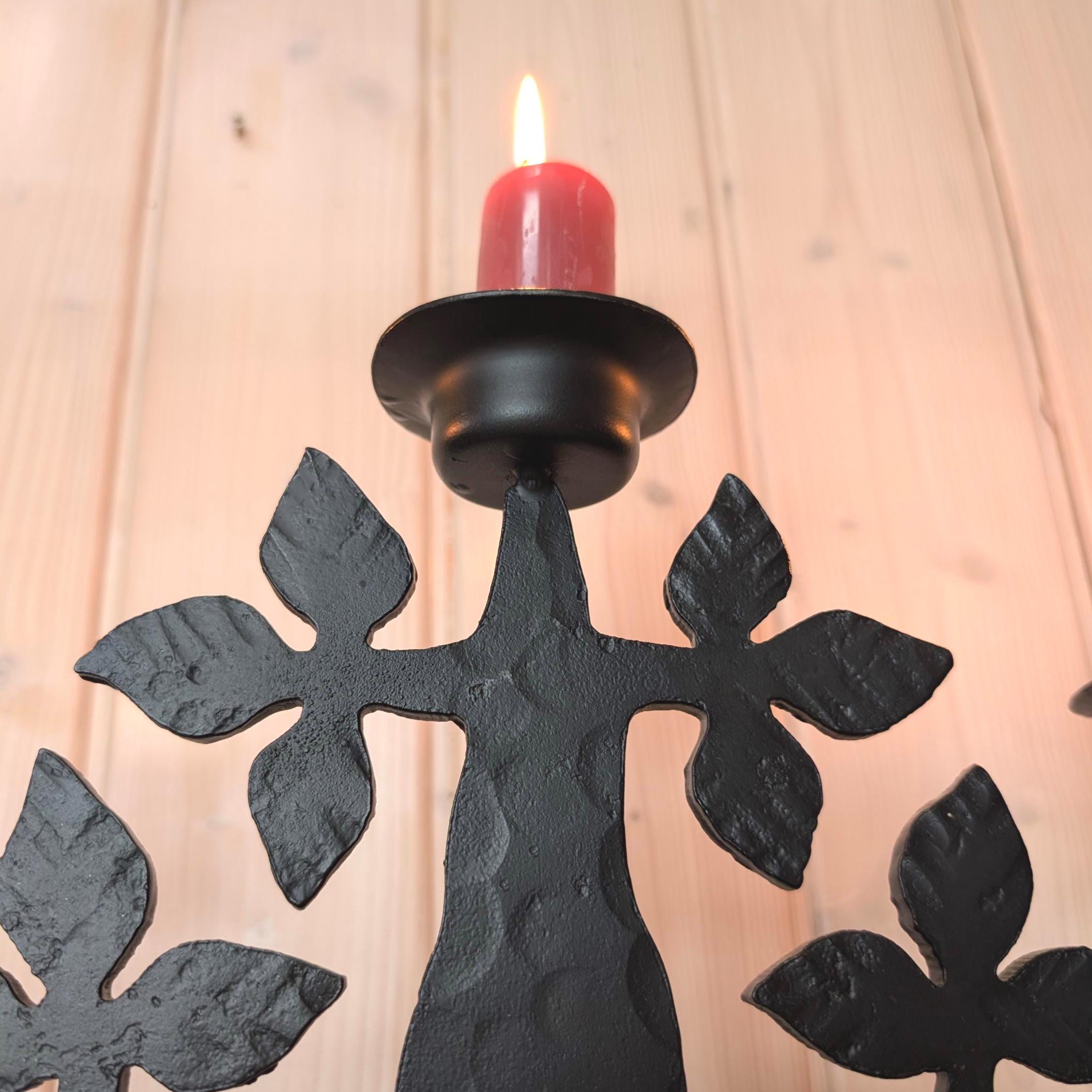 Boda Smide Bertil Vallien Swedish Wrought Iron Candelabra, Tree of Life, 3-Arm, Glass Ornaments, 1970s Scandinavian