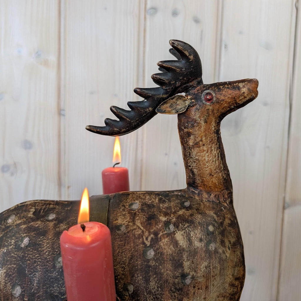Vintage Folk Art Metal Deer Candle Holder, Hand Painted, Two Candles, European 1960s
