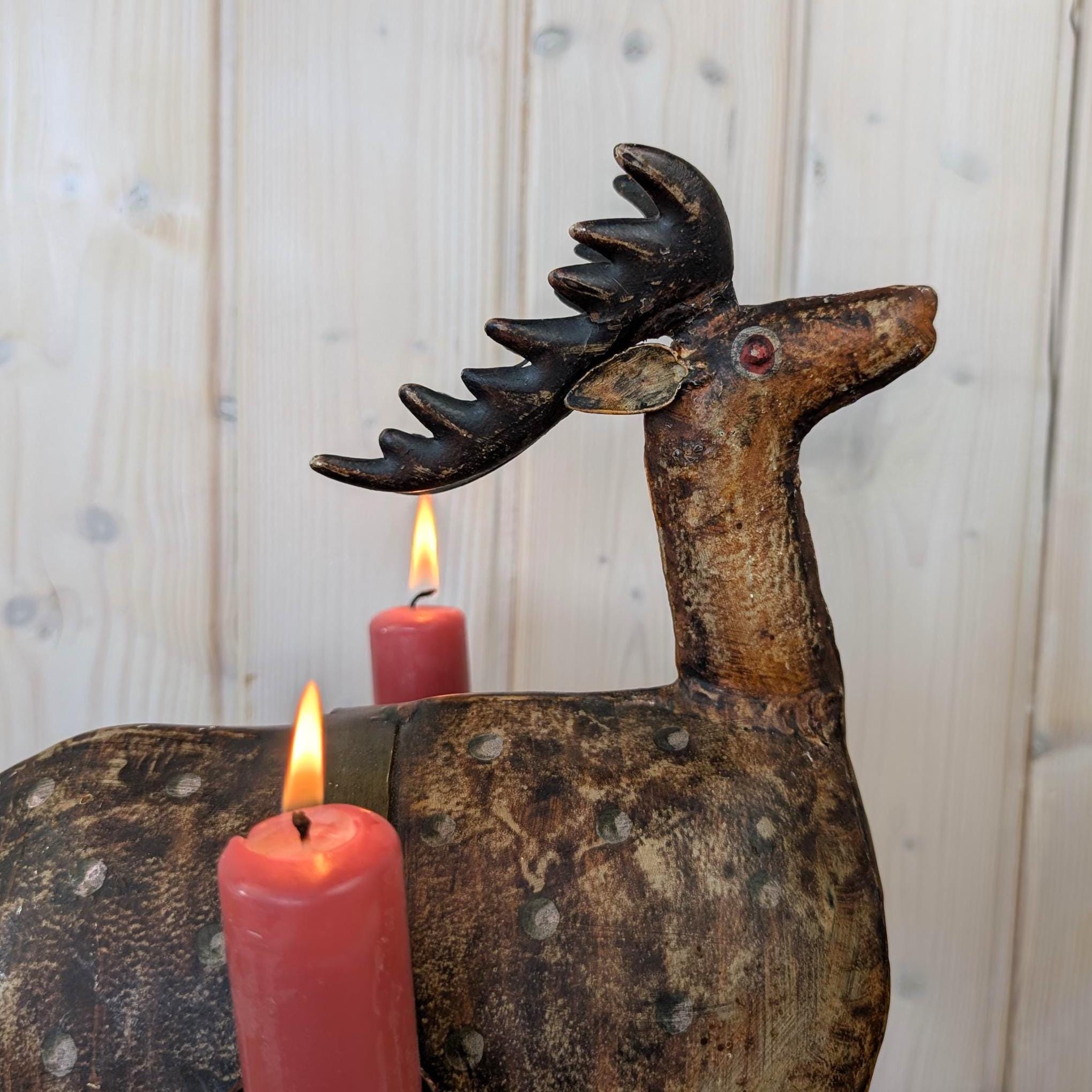 Vintage Folk Art Metal Deer Candle Holder, Hand Painted, Two Candles, European 1960s