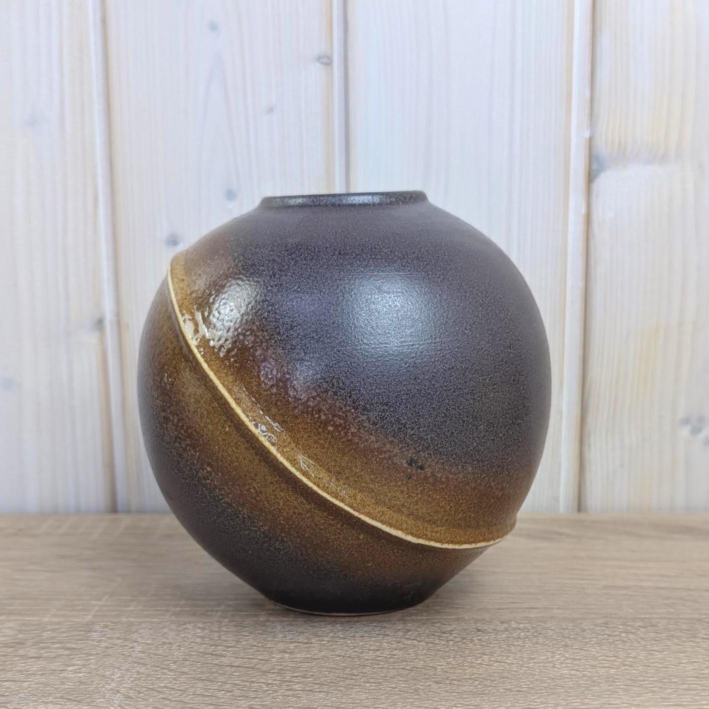 Dümler and Breiden 777/15 Ball Vase, West German Pottery, Brown Amber Diagonal Glaze, 1960s Vintage Ceramic