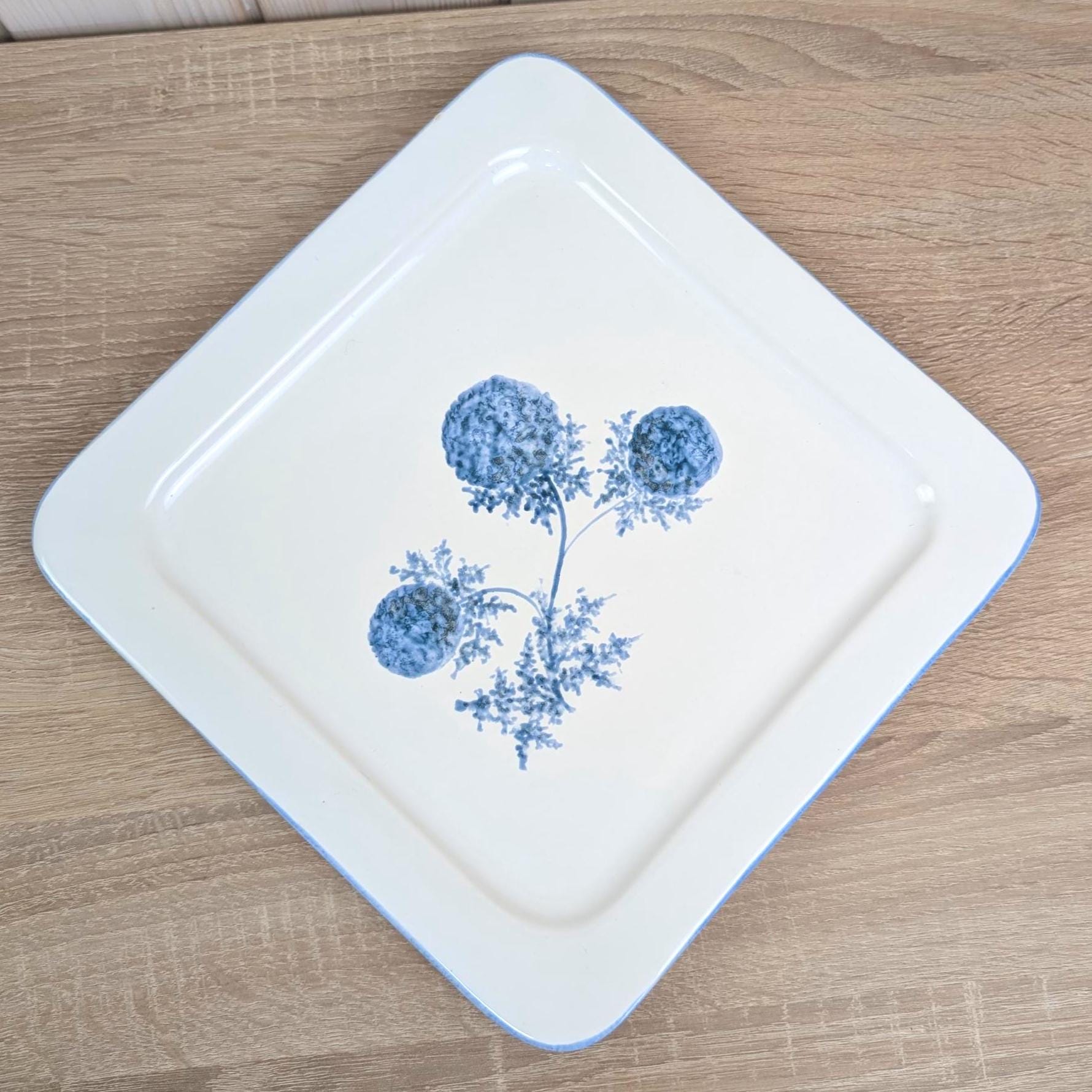 French Square Ceramic Plate, Carnac Bretagne, Blue White Allium Floral Motif, Vintage 1970s French Pottery