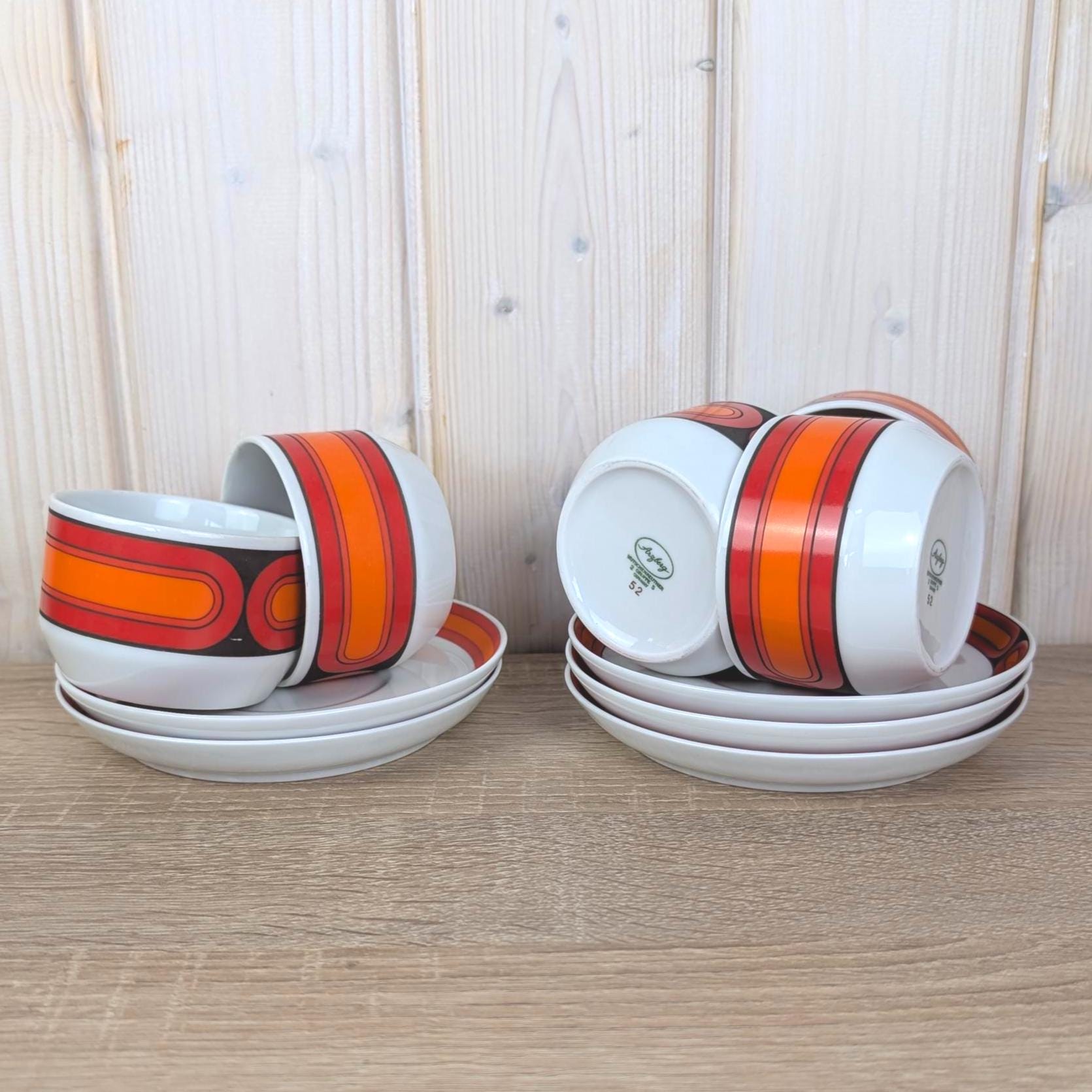 Arzberg Sizilia 3000 Cup and Saucer, Hans Theo Baumann, Orange Red, 1970s German Porcelain, Set of 5