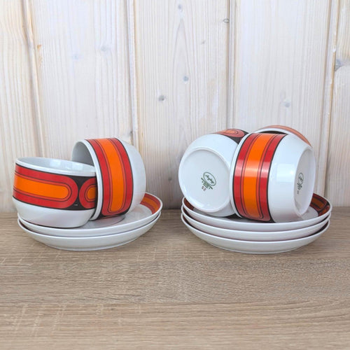 Arzberg Sizilia 3000 Cup and Saucer, Hans Theo Baumann, Orange Red, 1970s German Porcelain, Set of 5