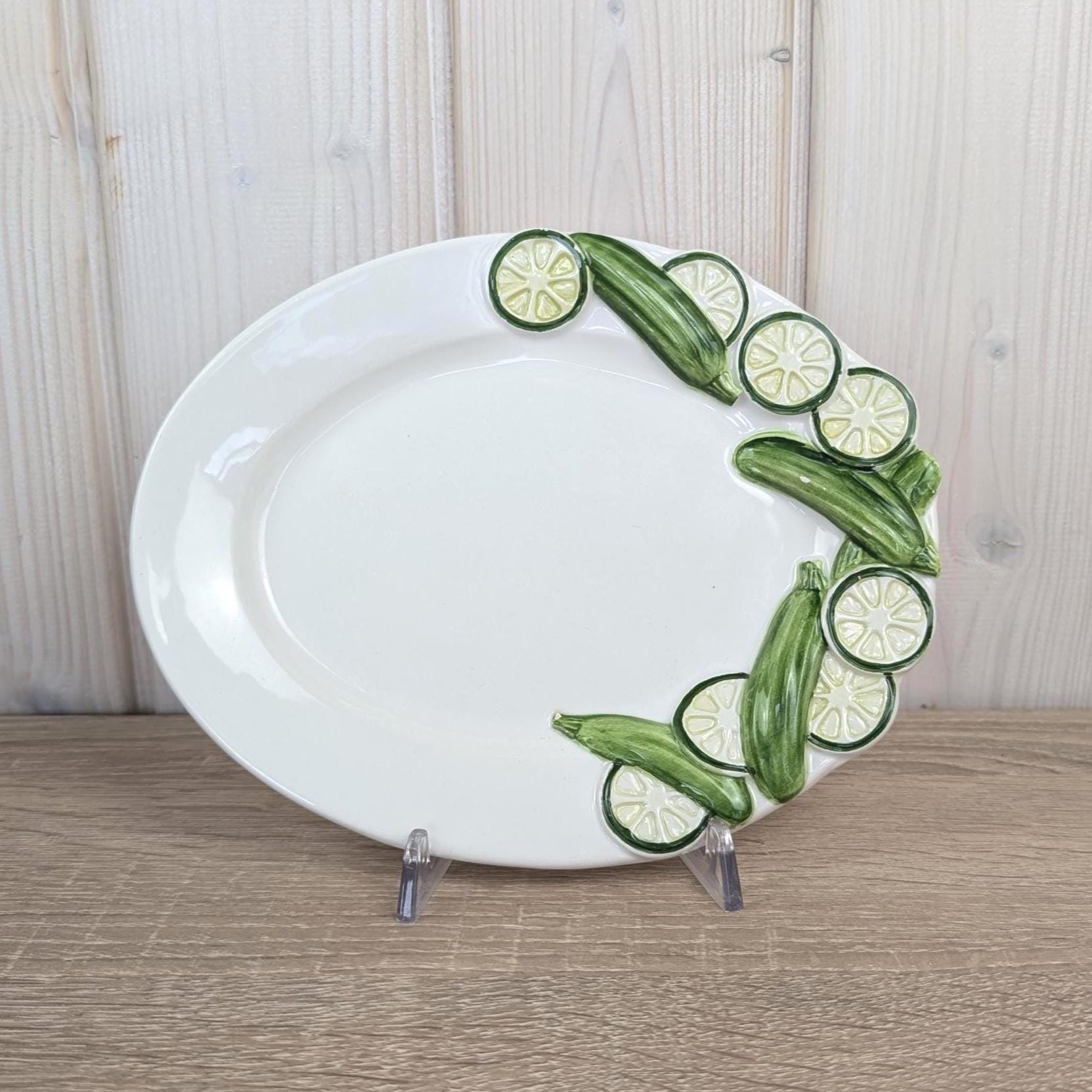Vintage Italian Ceramic Plates Bassano Italy 1970s, Oval Majolica Serving Plates 3D Zucchini Relief Border, EW774 Trompe l'Oeil