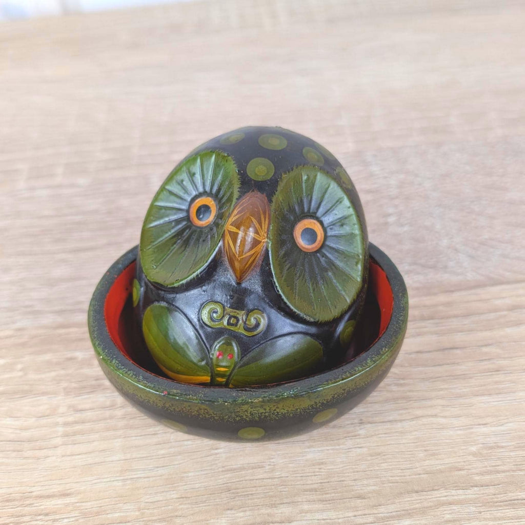 Ceramic Owl Trinket Box with Lid, Black Green Folk Art, Red Interior, Hand Painted, Latin American Pottery, 1970s