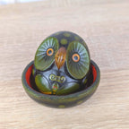 Ceramic Owl Trinket Box with Lid, Black Green Folk Art, Red Interior, Hand Painted, Latin American Pottery, 1970s