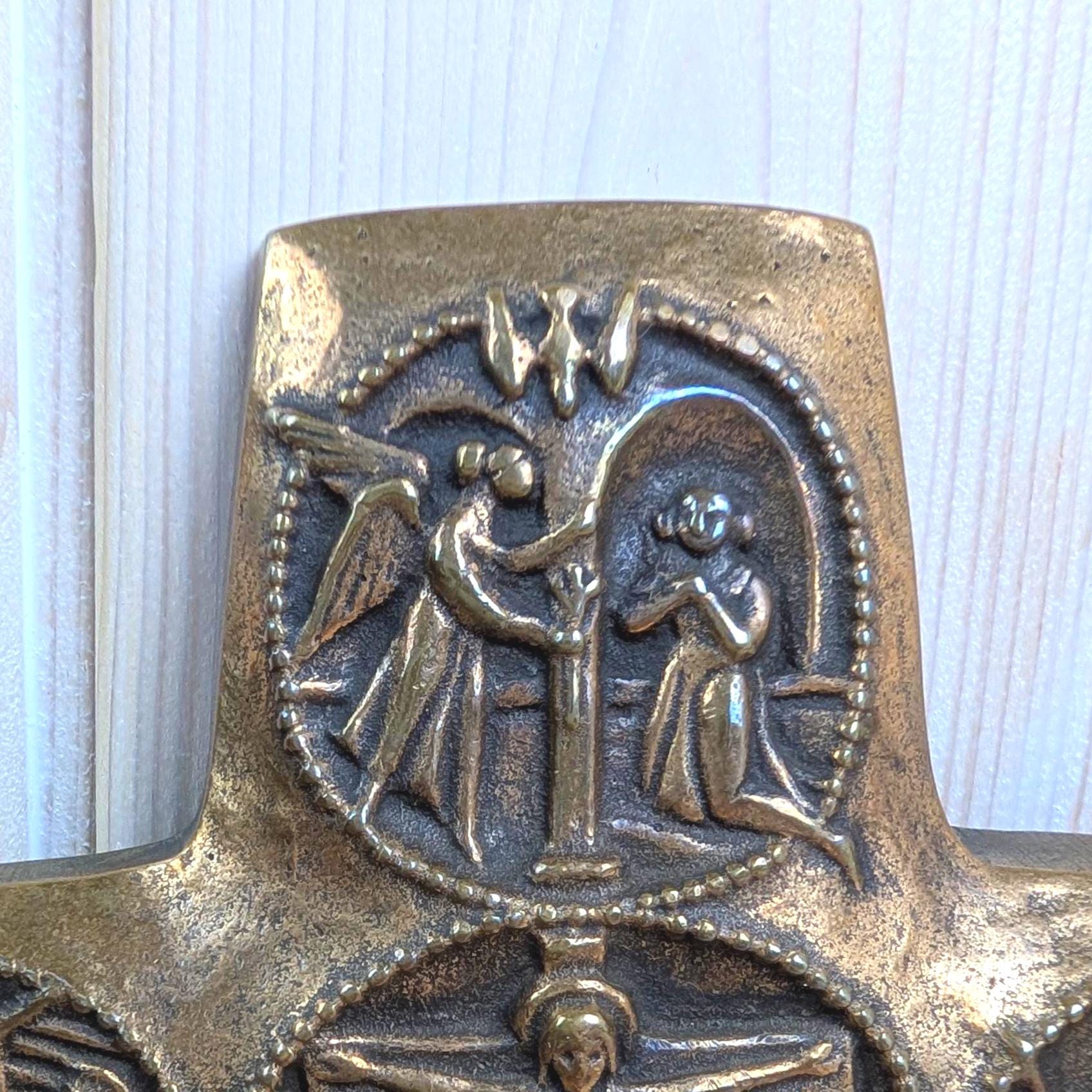Vintage Bronze Wall Cross, Five Mysteries Relief, Religious Cast Bronze, 1960s