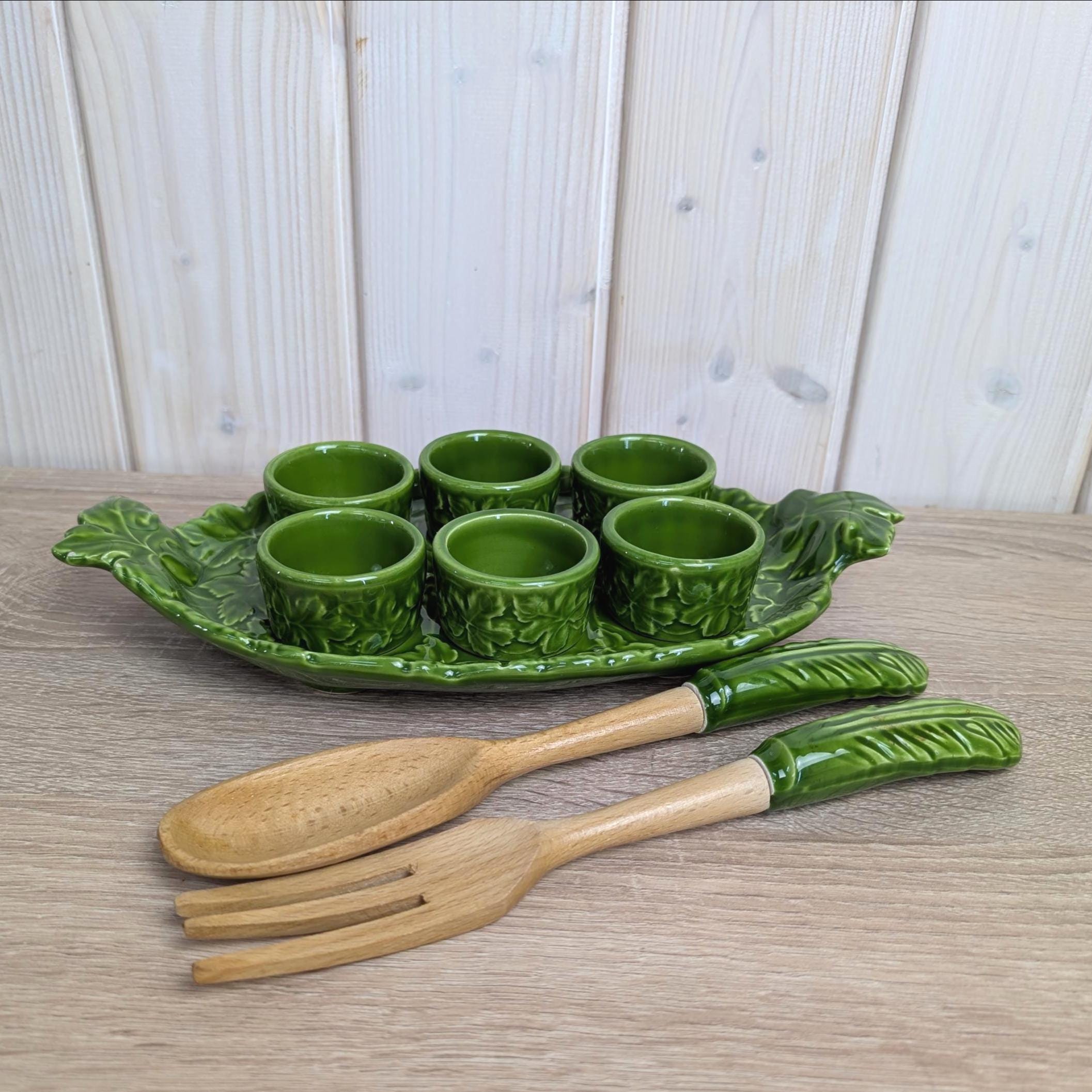 Green Ceramic Egg Cup Set, Leaf Tray with Cutlery, Vintage Kitchen Decor, 1970s