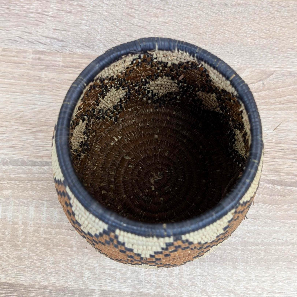 African Coiled Grass Basket with Lid, Geometric Pattern, Hand Woven, Natural Brown Black, Tribal Folk Art, 1970s 1980s