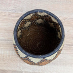 African Coiled Grass Basket with Lid, Geometric Pattern, Hand Woven, Natural Brown Black, Tribal Folk Art, 1970s 1980s