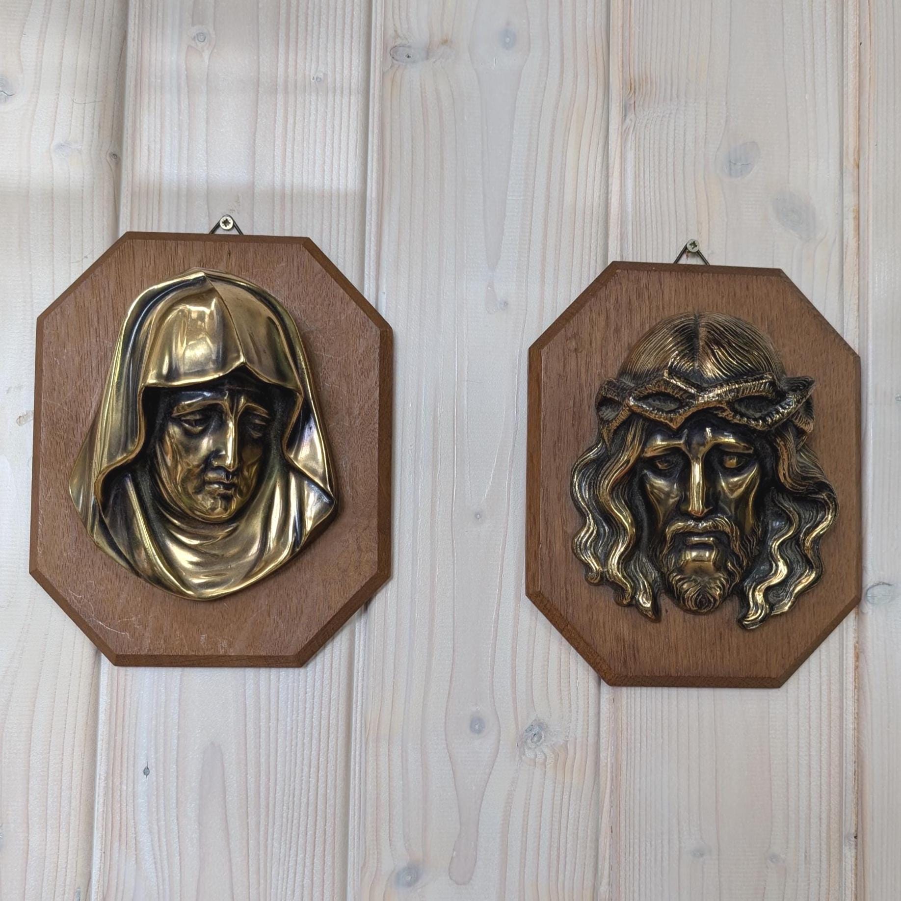 Vintage Brass Wall Plaques Jesus and Mary, Religious Art, Mounted on Wood, 1950s Catholic Decor