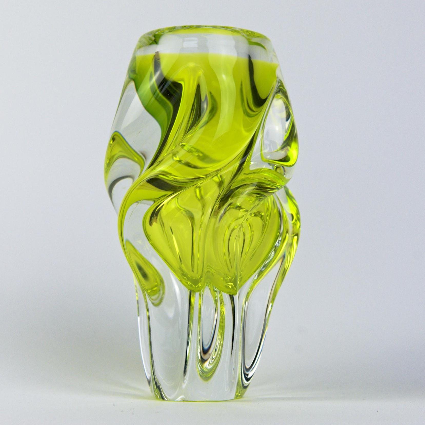 Josef Hospodka Chřibská Art Glass Vase, Uranium Yellow Green, Czech Sommerso, 1960s