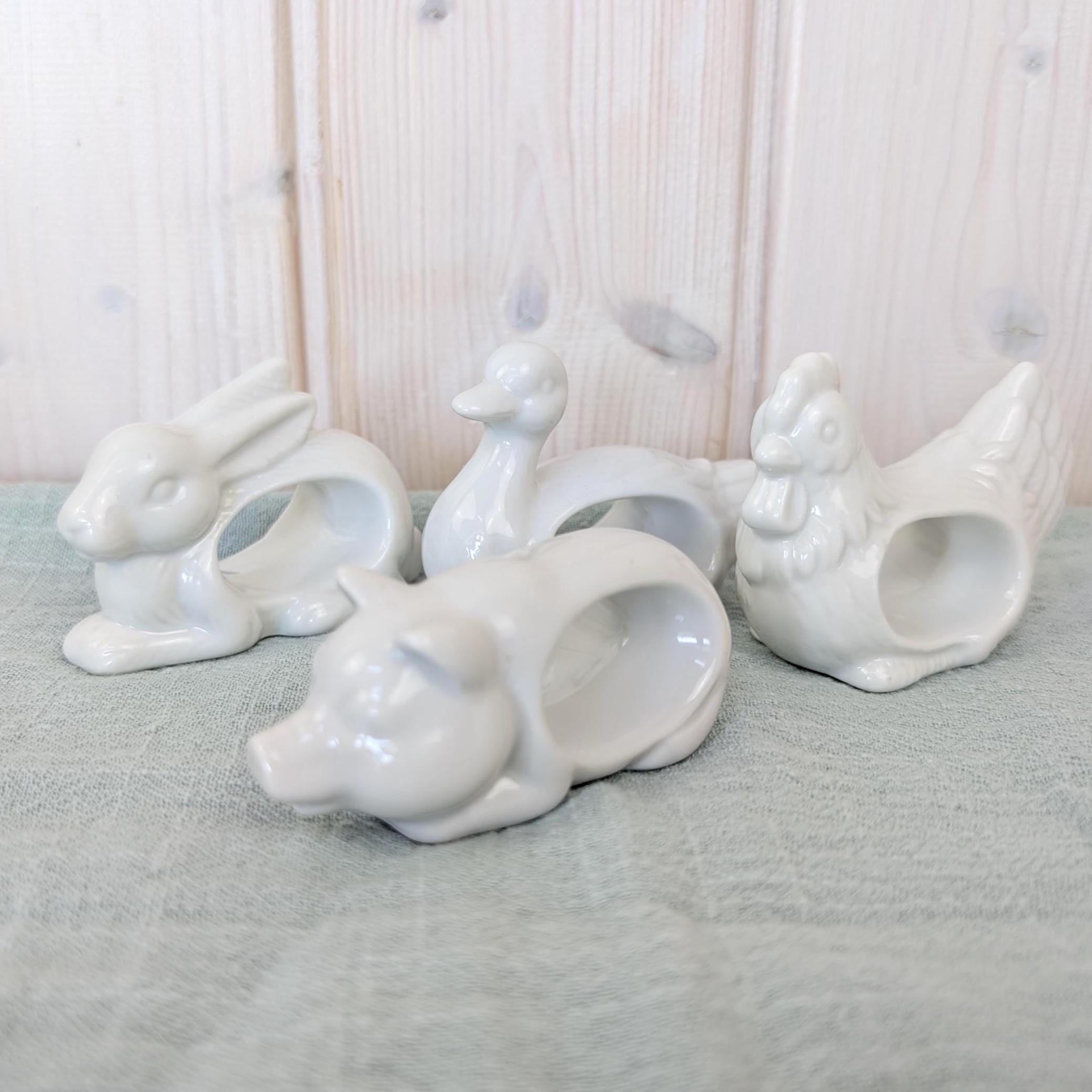 Set of 4 Vintage White Ceramic Napkin Rings, Farm Animals, Rabbit Duck Pig Rooster, Made in Japan, 1970s