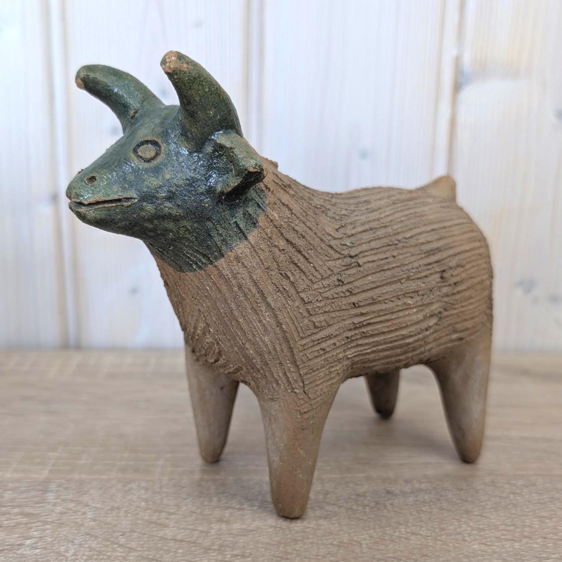 Vintage Mexican Pottery Goat Figurine, Folk Art Bull Terracotta Sculpture, Handmade Mexico, 1960s