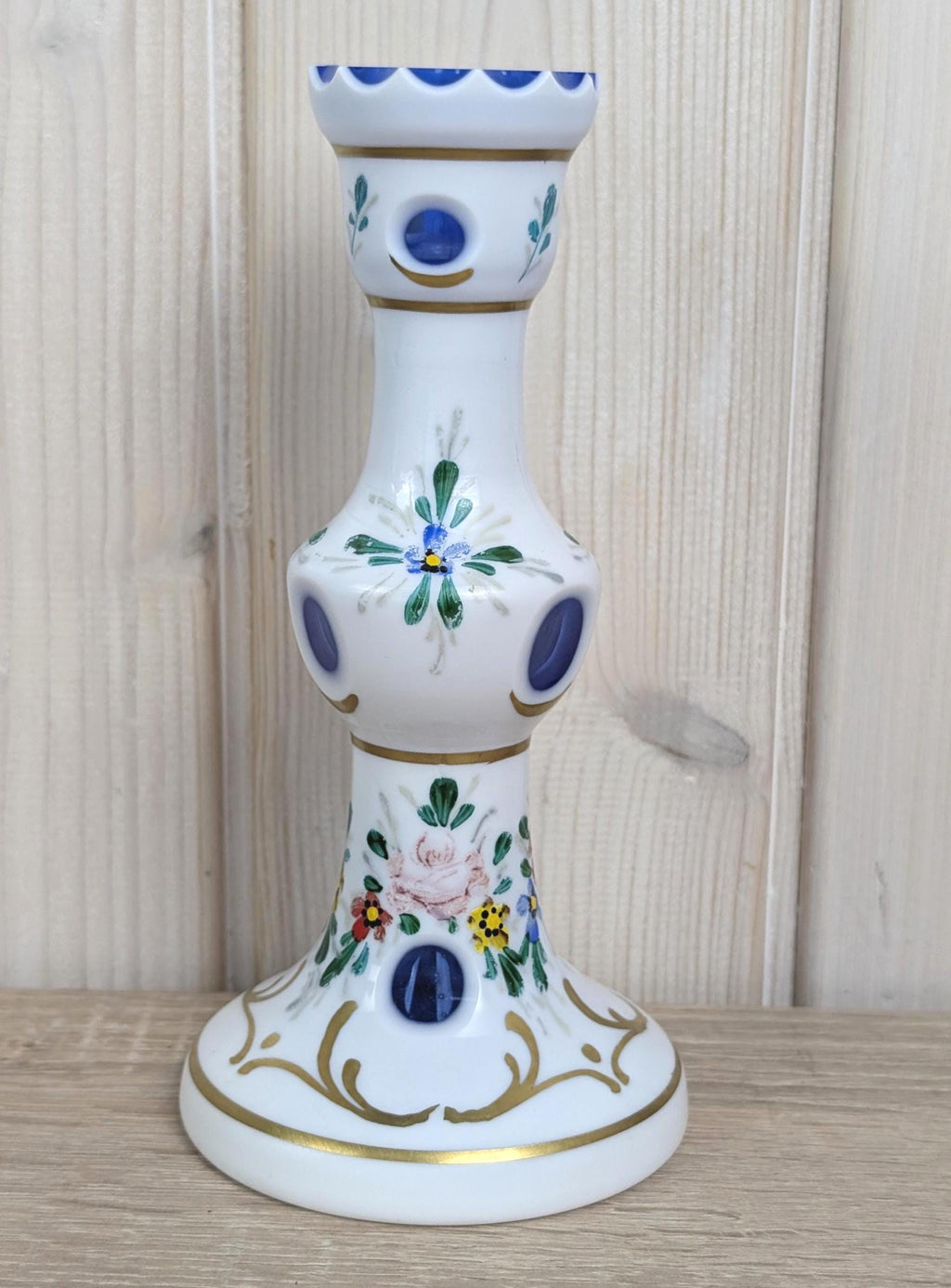 Handpainted Bohemian Candleholder, White Glass with Blue Cut Accents, Central Europe, Vintage