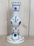 Handpainted Bohemian Candleholder, White Glass with Blue Cut Accents, Central Europe, Vintage