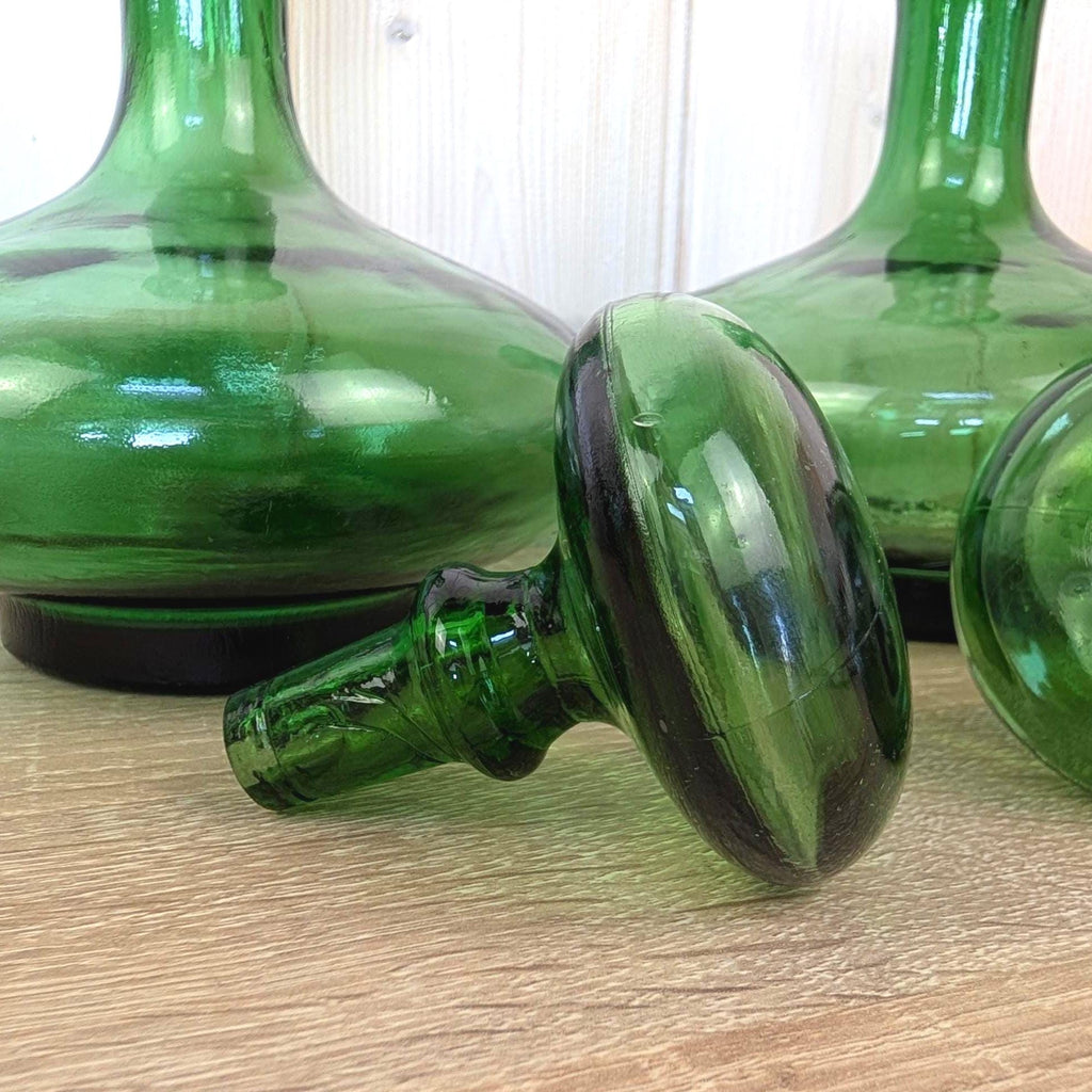 Empoli Green Glass Decanter Set with Stoppers and Wicker Basket Carrier, Italy 1960s