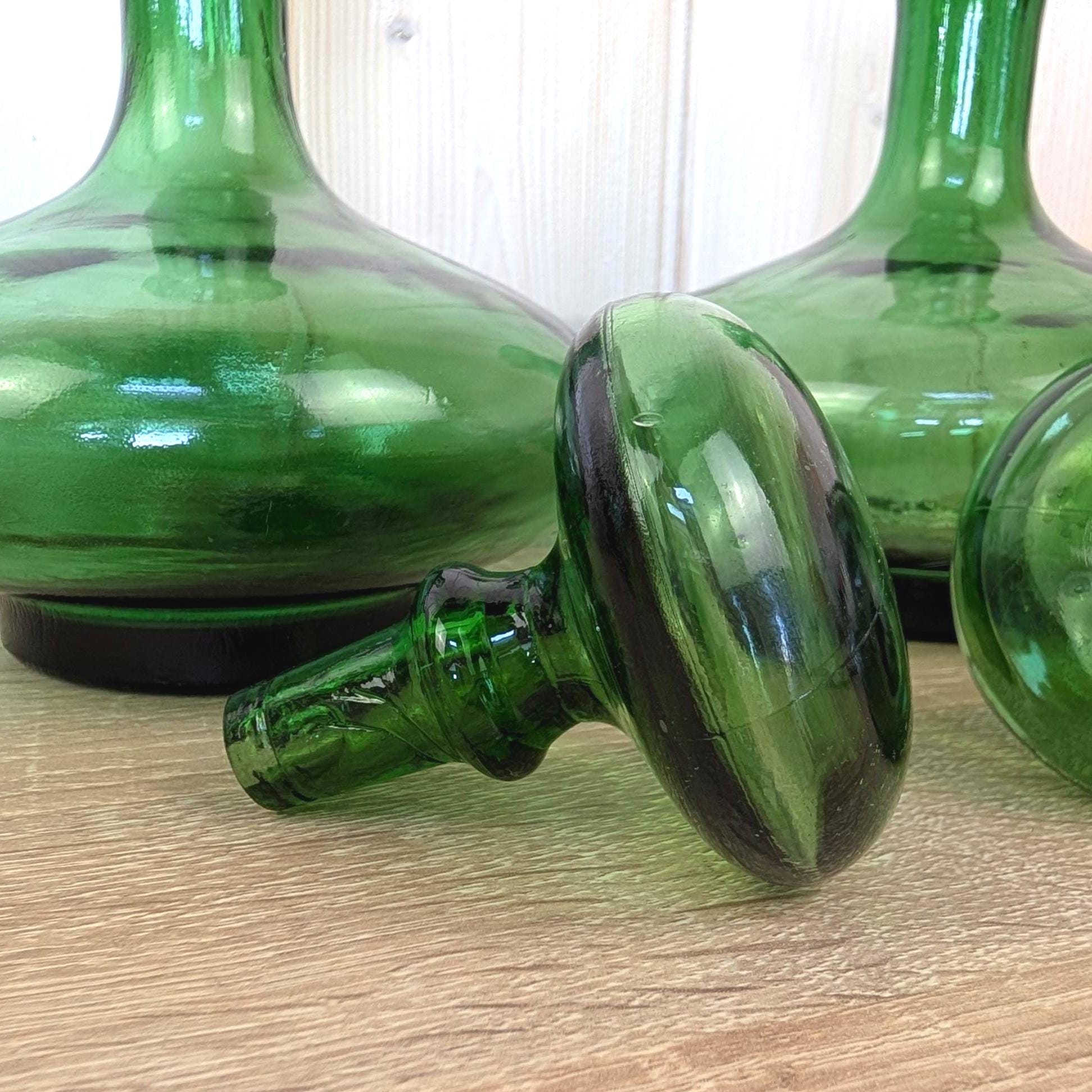 Empoli Green Glass Decanter Set with Stoppers and Wicker Basket Carrier, Italy 1960s