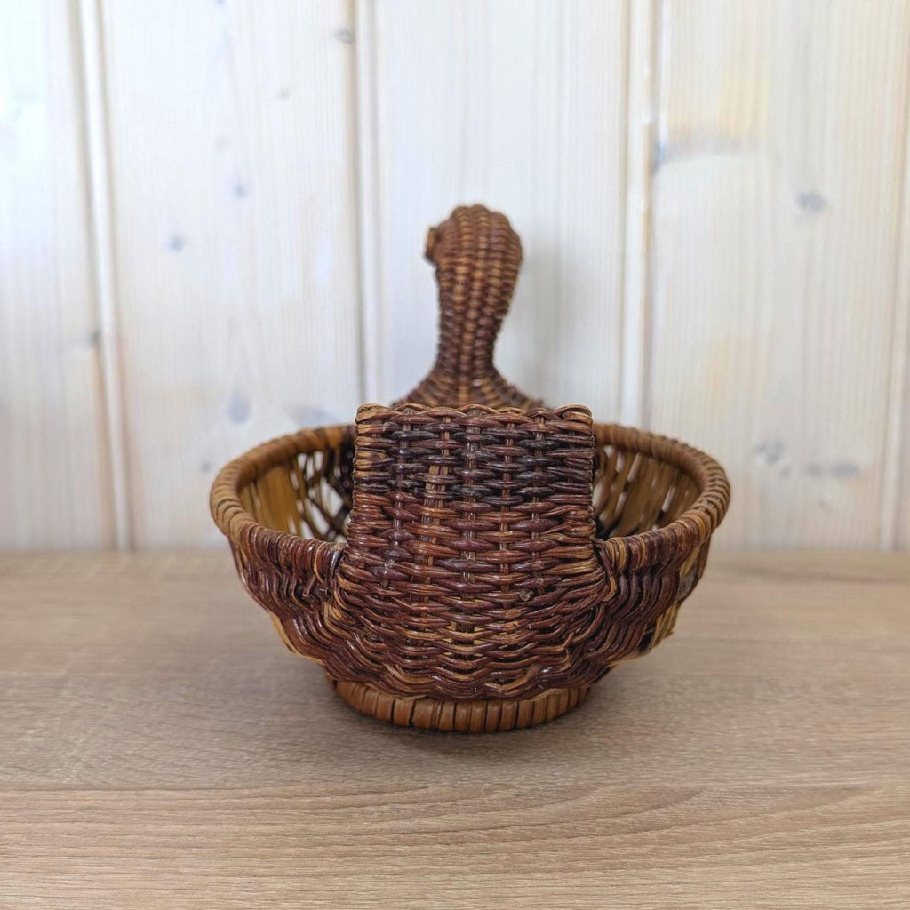 Vintage Wicker Duck Basket, Rattan Animal Figure Bowl, Folk Art Bread Fruit Tray, 1970s