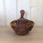 Vintage Wicker Duck Basket, Rattan Animal Figure Bowl, Folk Art Bread Fruit Tray, 1970s