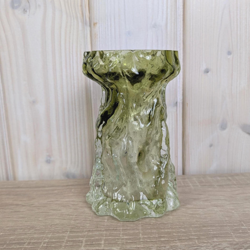 Vintage salbei green glass vase candleholder, Ingrid Glas, textured art glass, Germany, 1970s