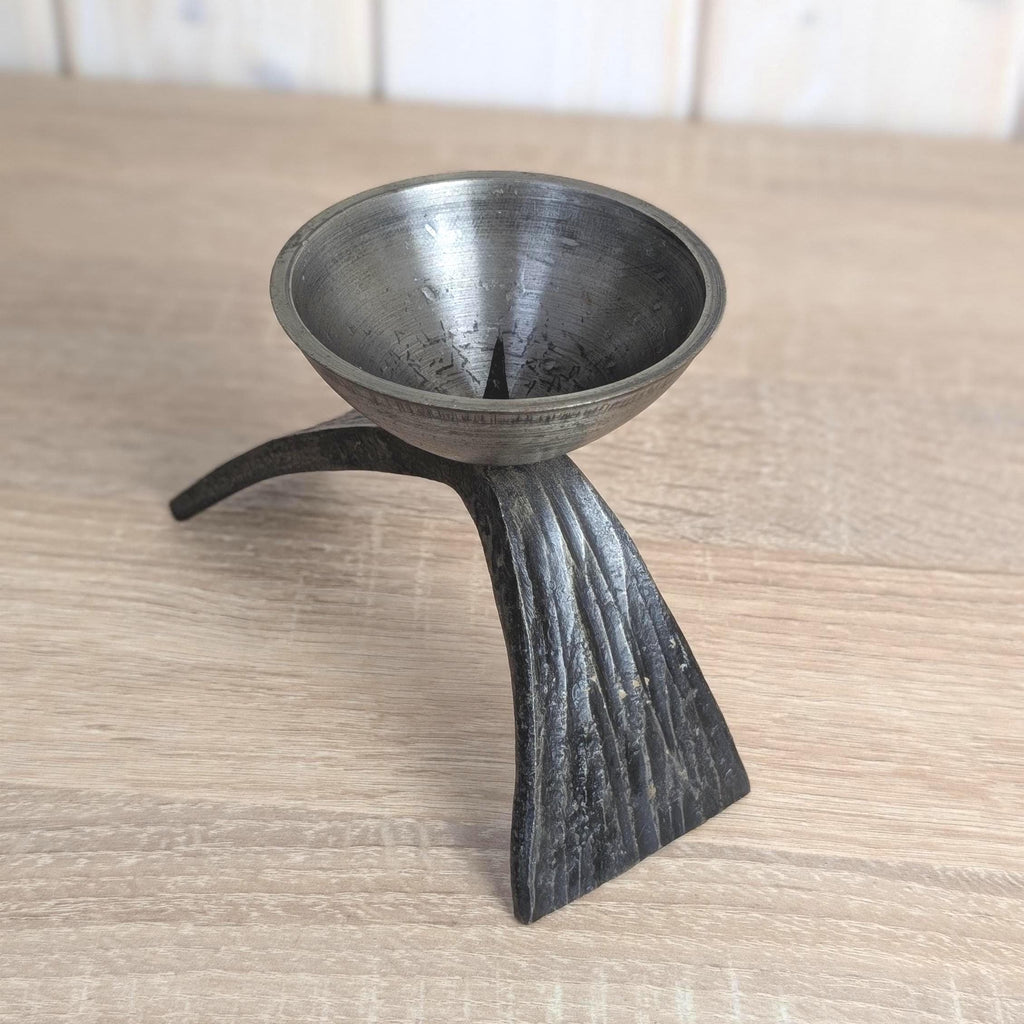 Brutalist Forged Iron Candleholder, Sculptural Two-Leg Base, Metal Cup, Mid Century Modern, 1960s